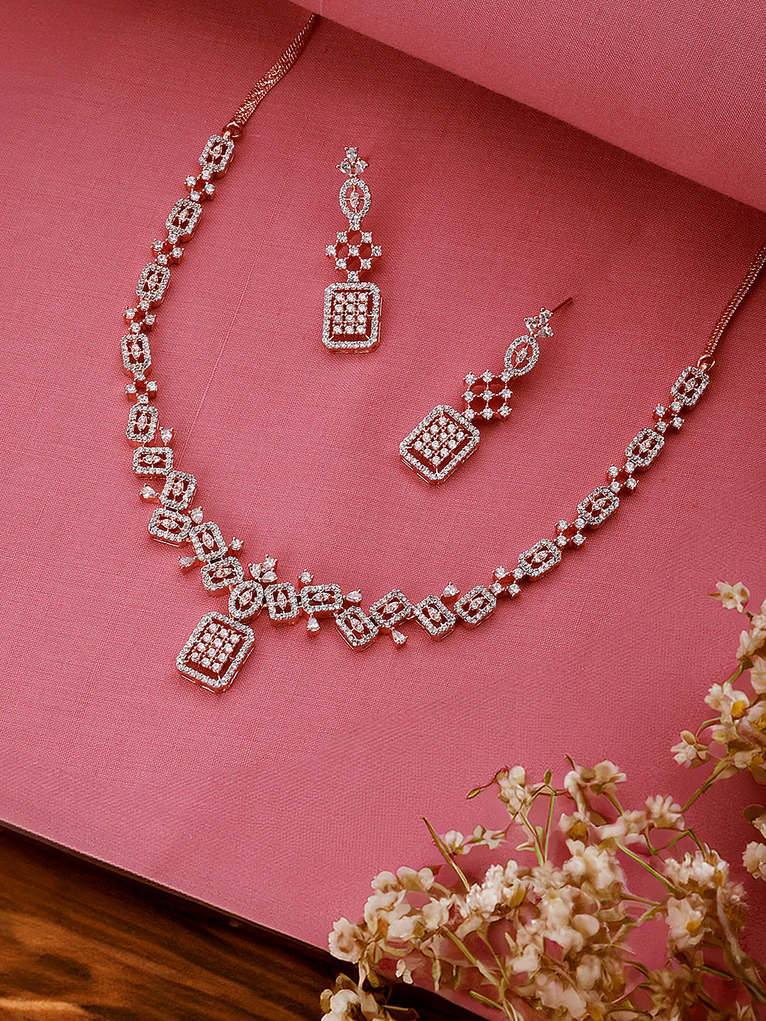 Rose Gold Toned AD Studded Geometric Pattern Minimal Pendant jewellery Set