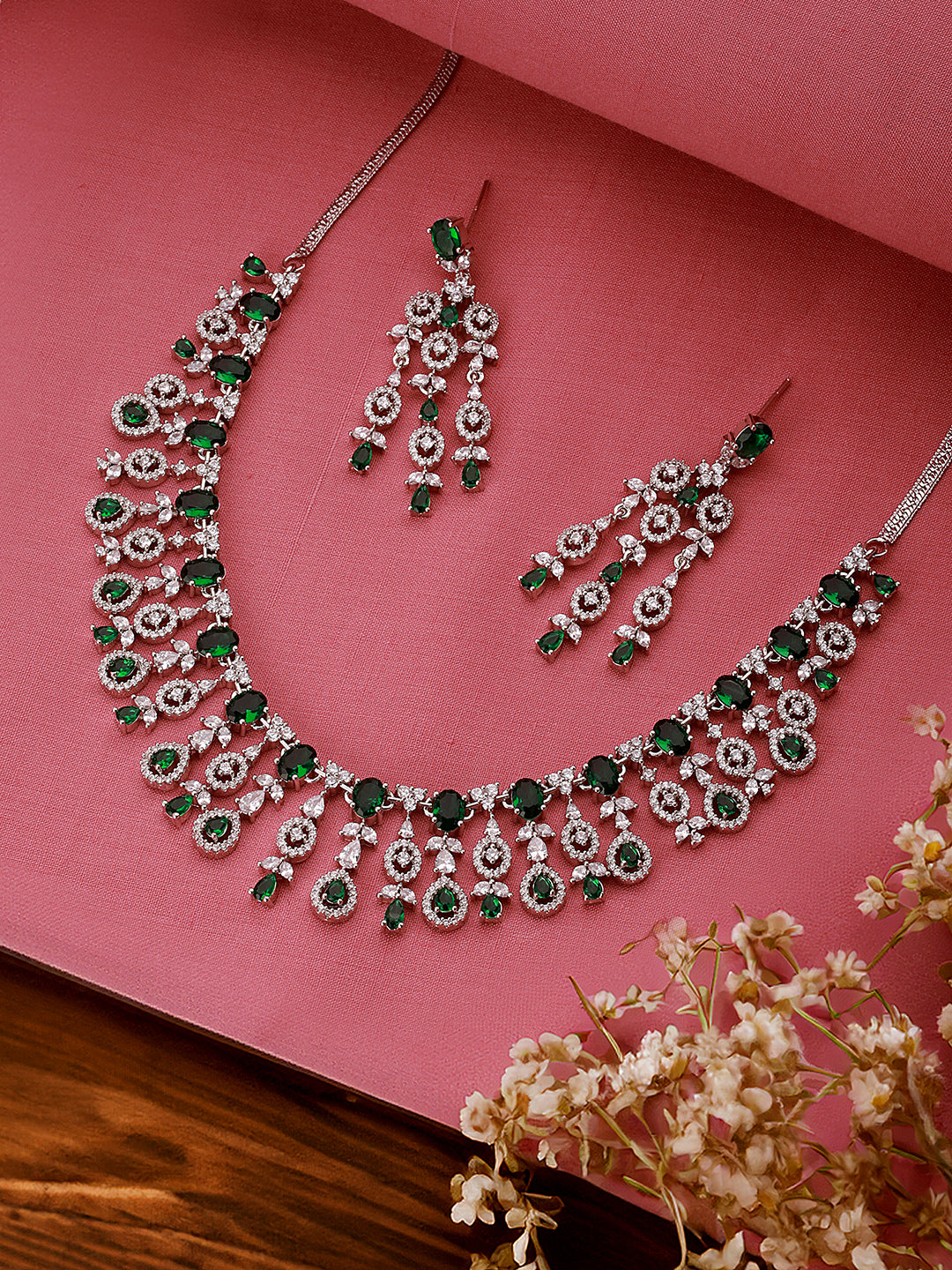 Silver Toned Emerald Green AD Studded Statement necklace Jewellery Set