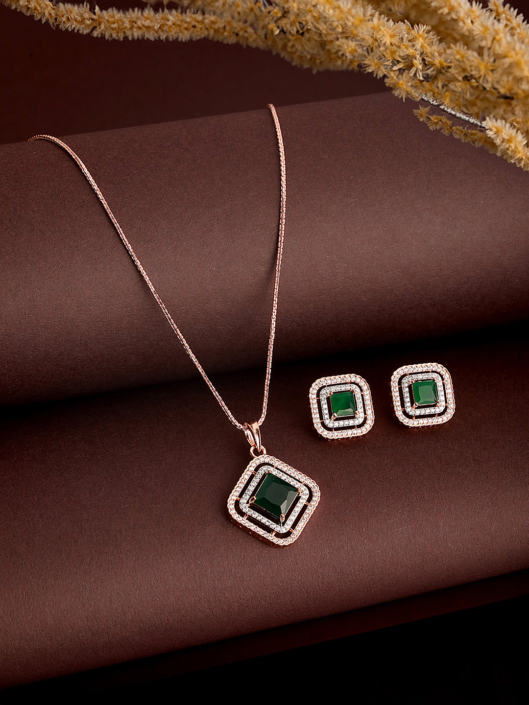 Rose Gold Plated Emerald Green AD Studded Square Pendant Jewellery Set