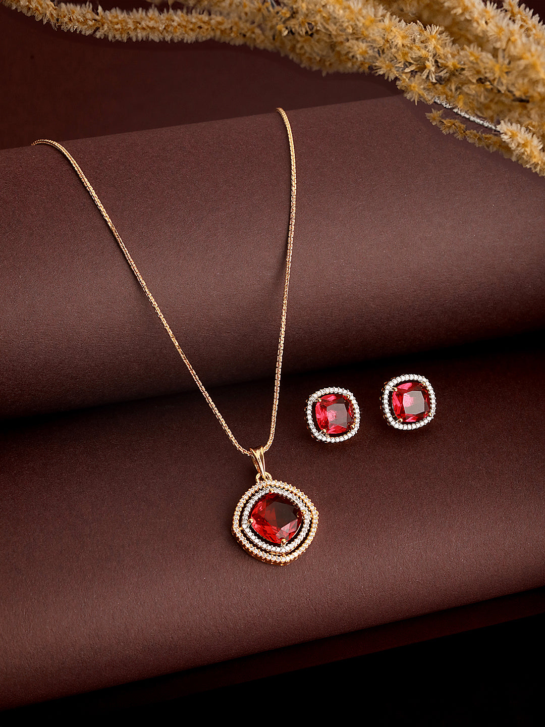 Gold Toned Ruby Red AD Studded Square Pendant Jewellery Set