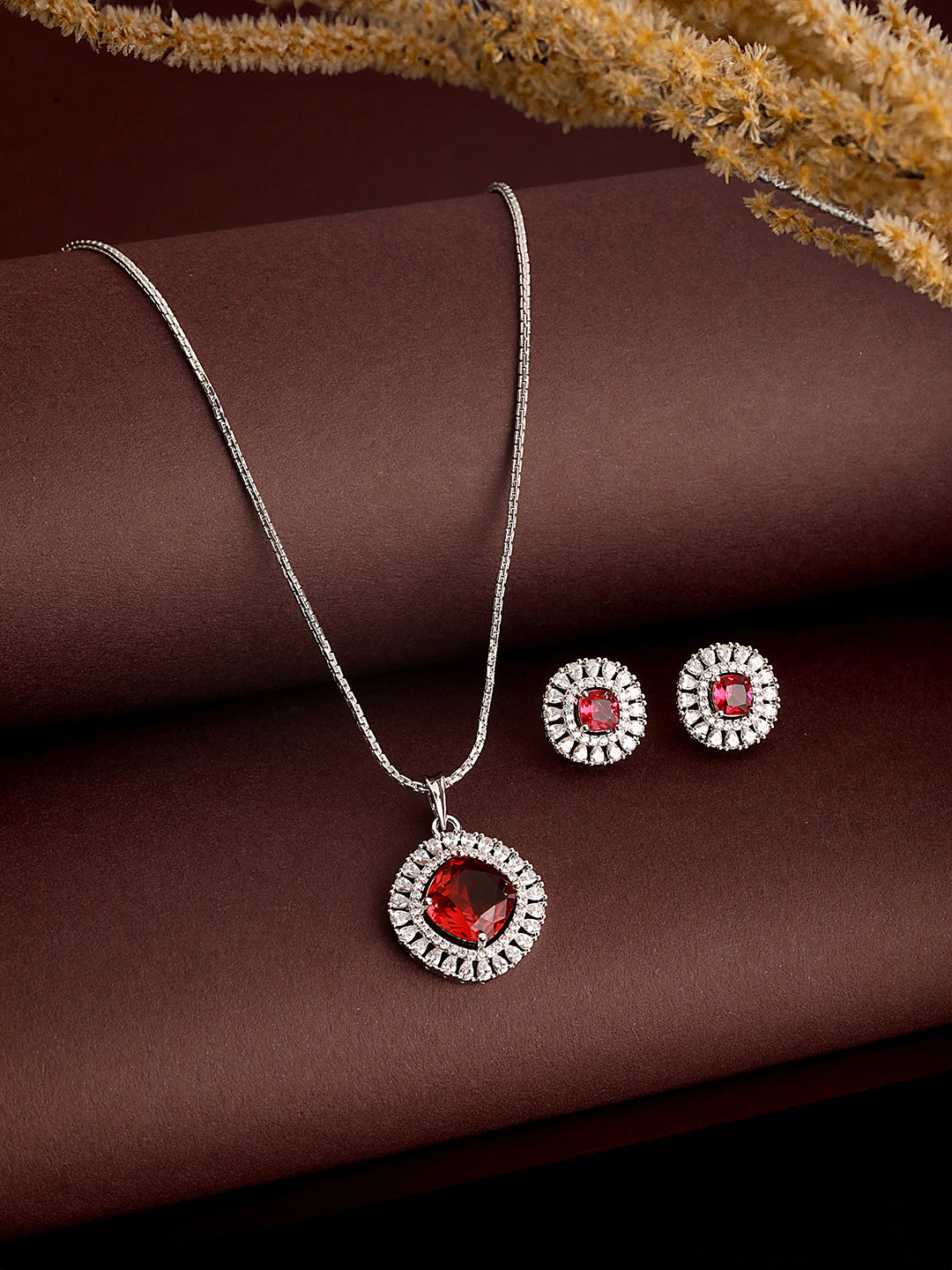 Silver Toned Ruby Red AD Studded Square Minimal Locket Jewellery Set