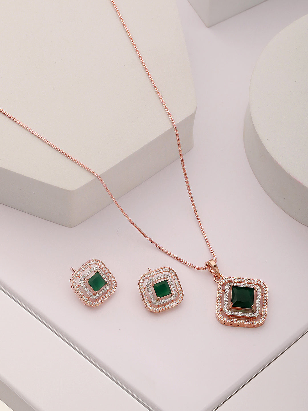 Rose Gold Plated Emerald Green AD Studded Square Pendant Jewellery Set