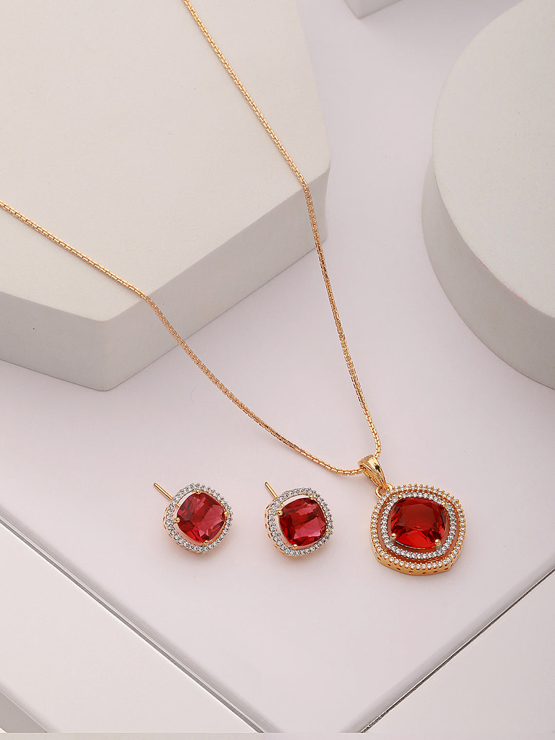 Gold Toned Ruby Red AD Studded Square Pendant Jewellery Set