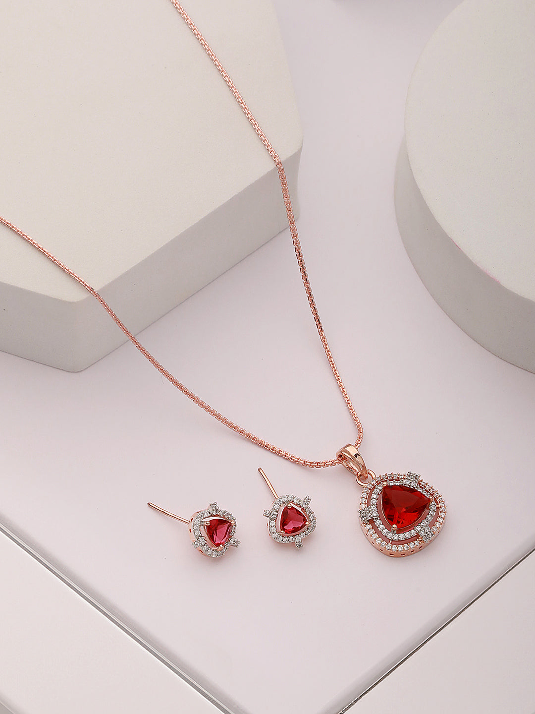 Rose Gold Plated Ruby Red  AD Studded Triangular  Pendant Jewellery Set