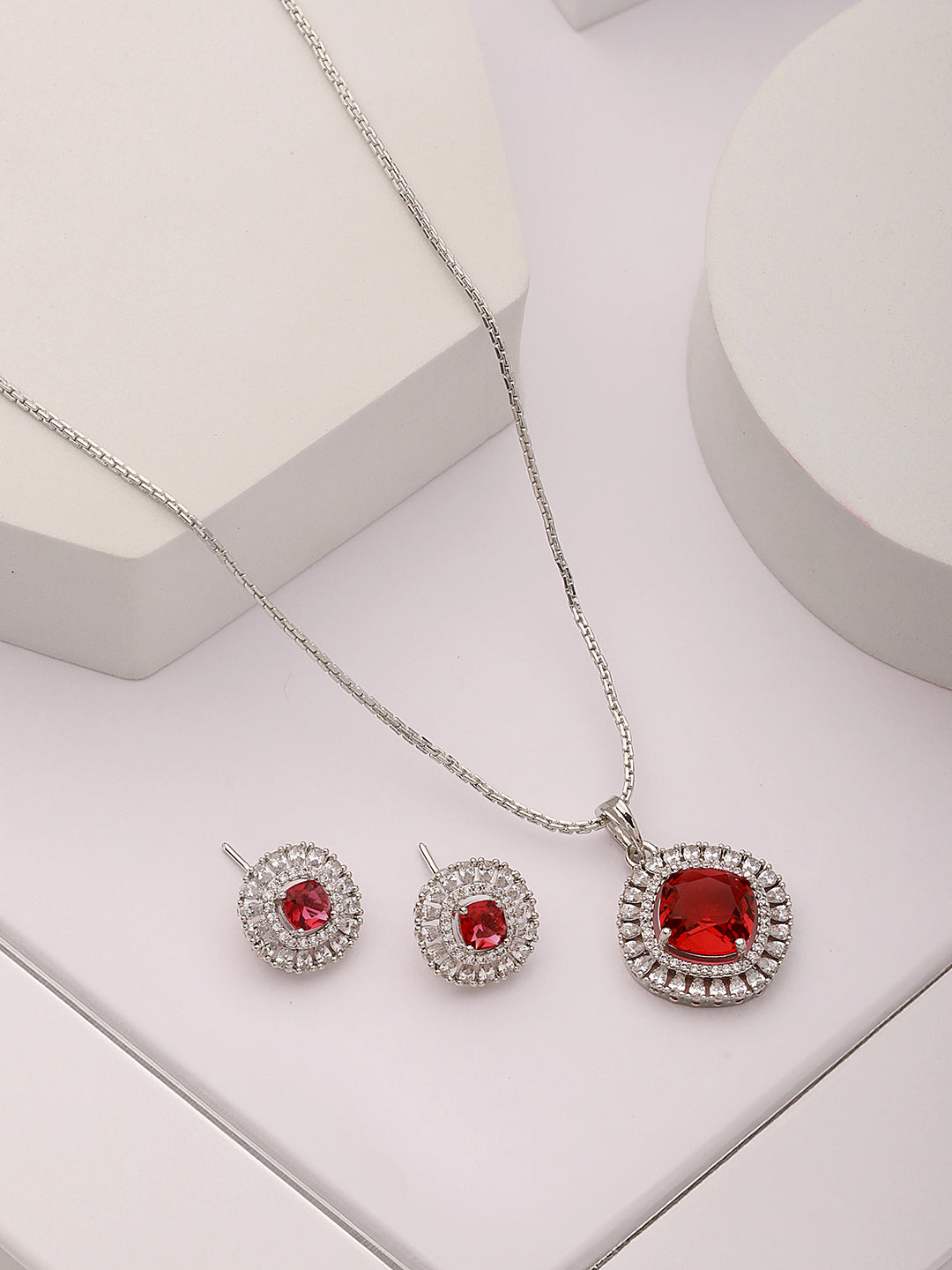 Silver Toned Ruby Red AD Studded Square Minimal Locket Jewellery Set