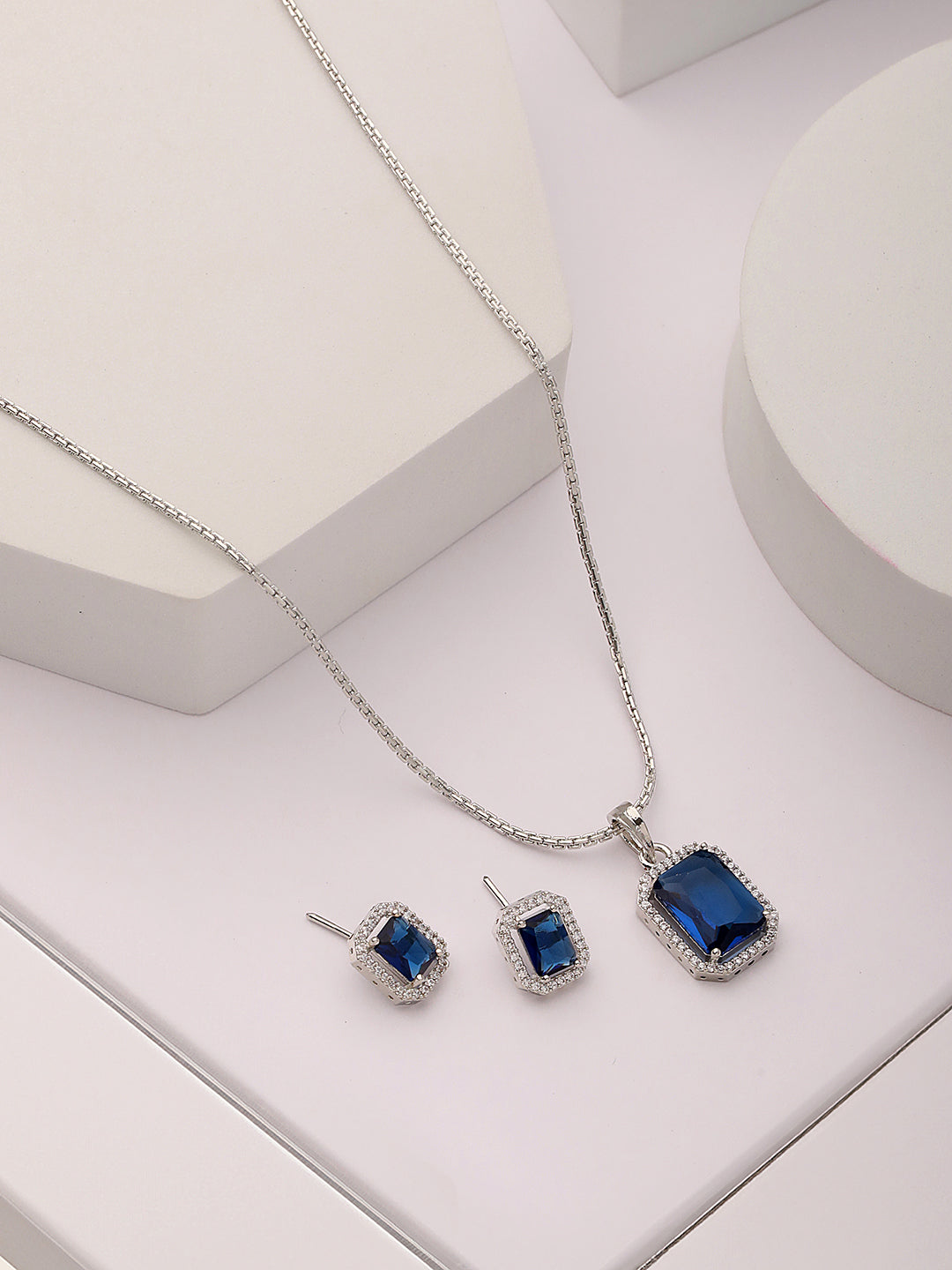 Silver Toned Blue AD Studded Rectangular Minimal Locket Jewellery Set
