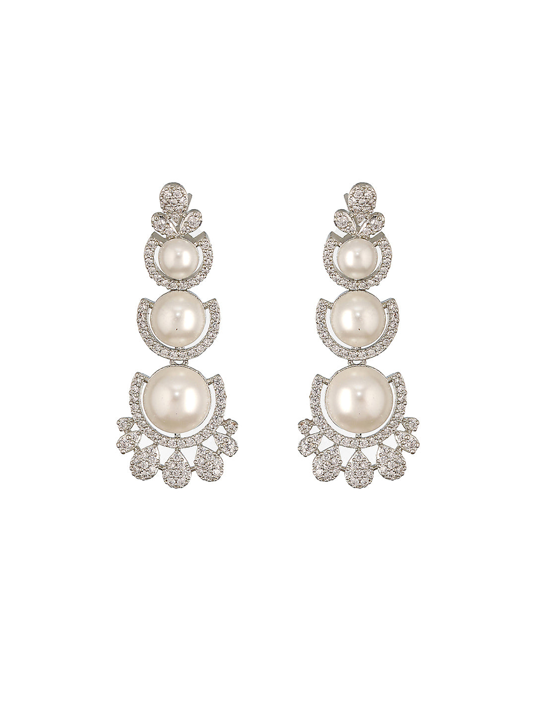 Silver Toned AD & Pearl Studded Floral Statement Necklace Jewellery Set