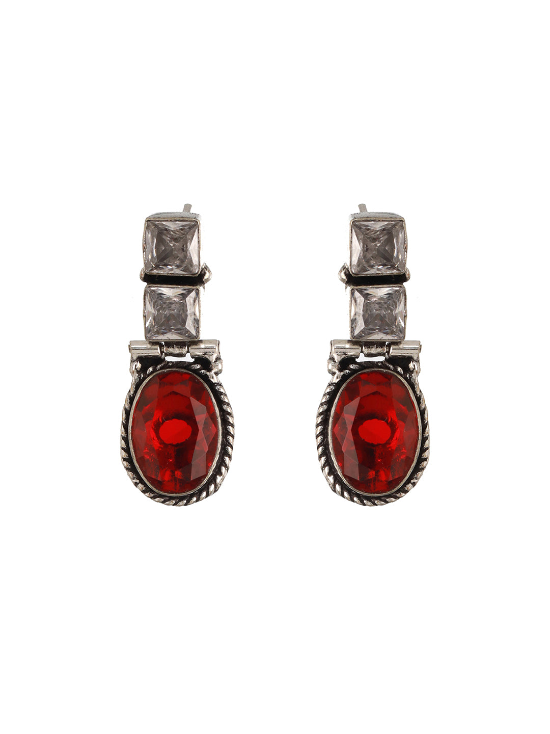 Oxidised Silver Toned Red Stone Studded Minimal Drop Earrings