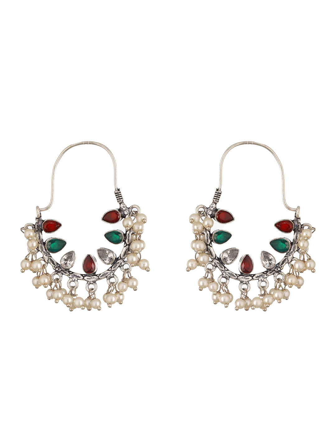 Silver Oxidised Red & Green   Stone & Pearl Beaded Handcrafted  Chandbali Dangler Earrings.