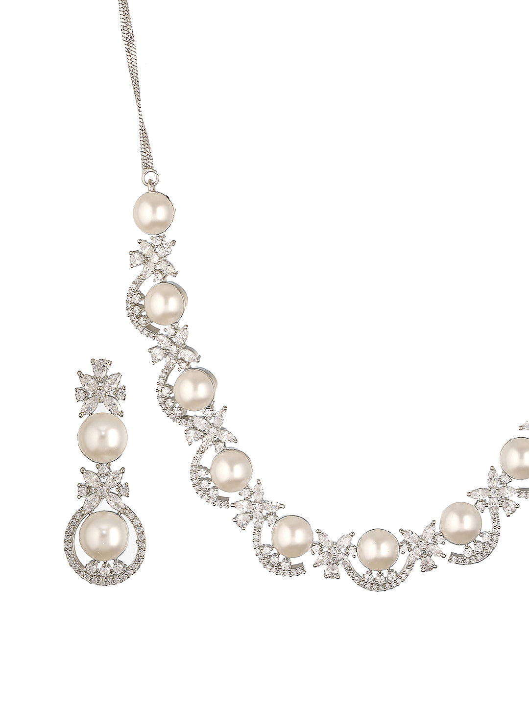 Silver Toned AD & Pearl Beaded Statement Necklace Jewellery Set