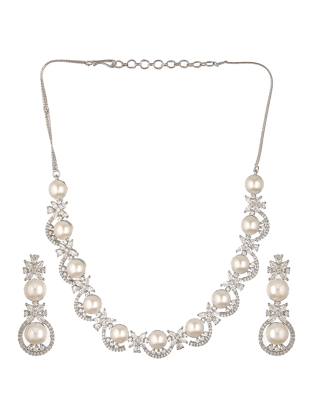 Silver Toned AD & Pearl Beaded Statement Necklace Jewellery Set