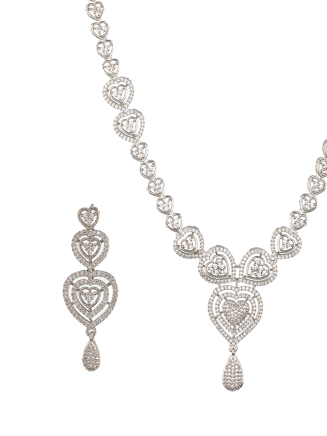 Silver Plated Zircon Studded Heart Shaped Designer Pendant Jewellery Set