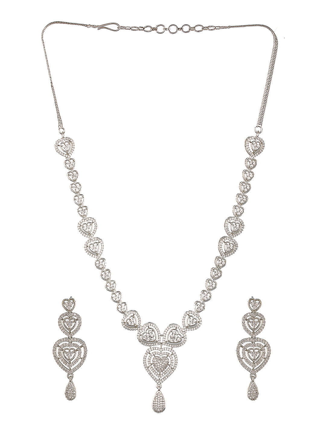 Silver Plated Zircon Studded Heart Shaped Designer Pendant Jewellery Set