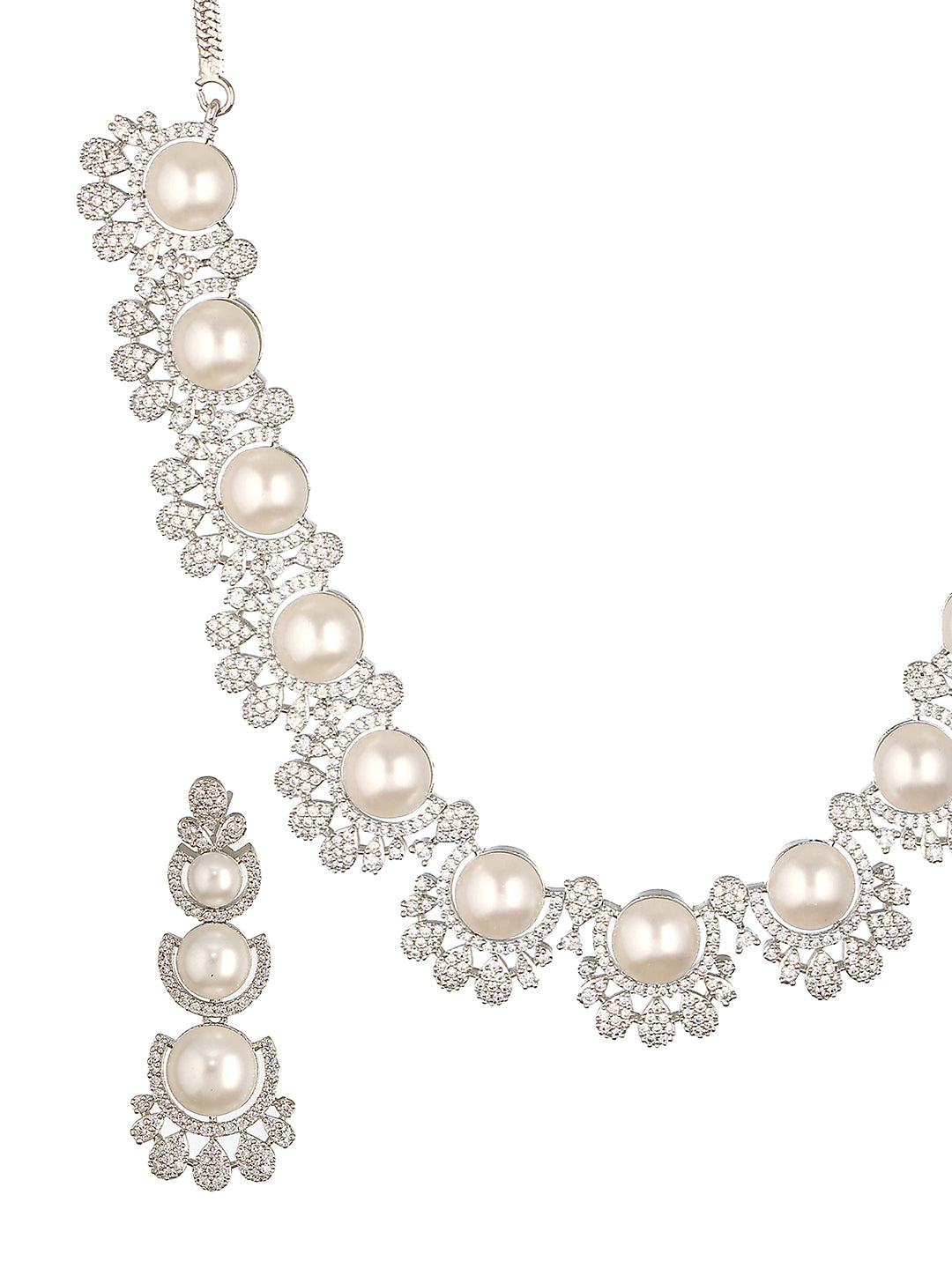 Silver Toned AD & Pearl Studded Floral Statement Necklace Jewellery Set