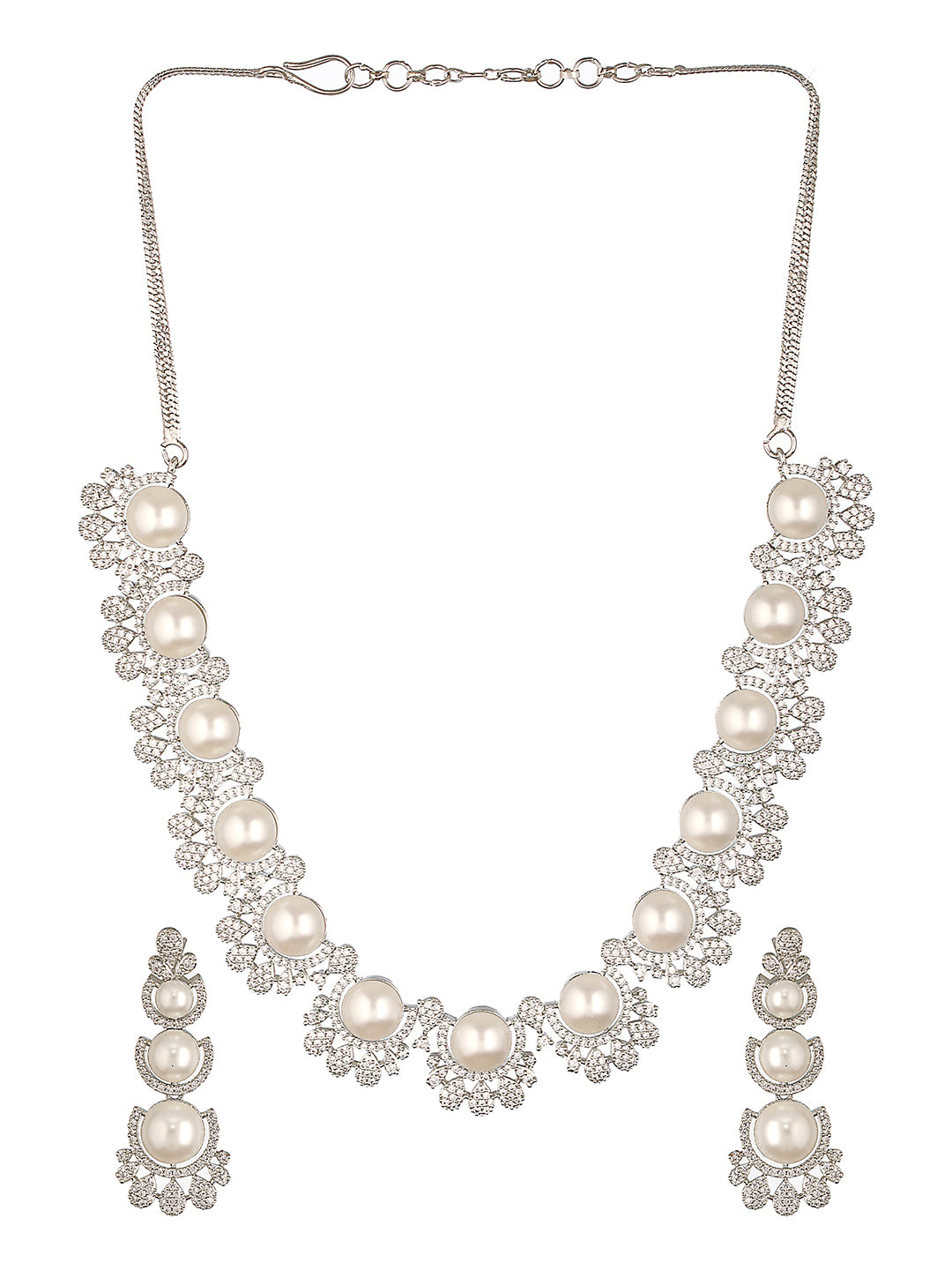 Silver Toned AD & Pearl Studded Floral Statement Necklace Jewellery Set