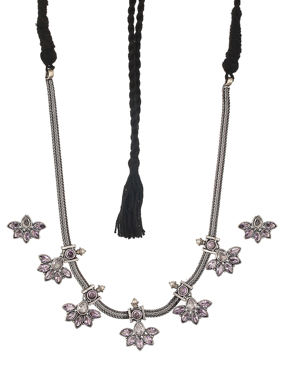 Silver Oxidised Finish Stone Studded Flower Motif Collar Necklace Jewellery Set