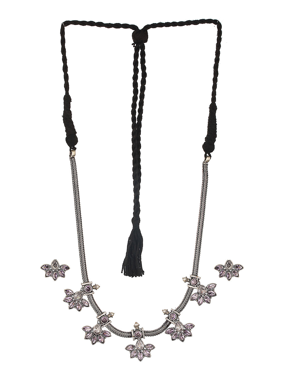 Silver Oxidised Finish Stone Studded Flower Motif Collar Necklace Jewellery Set