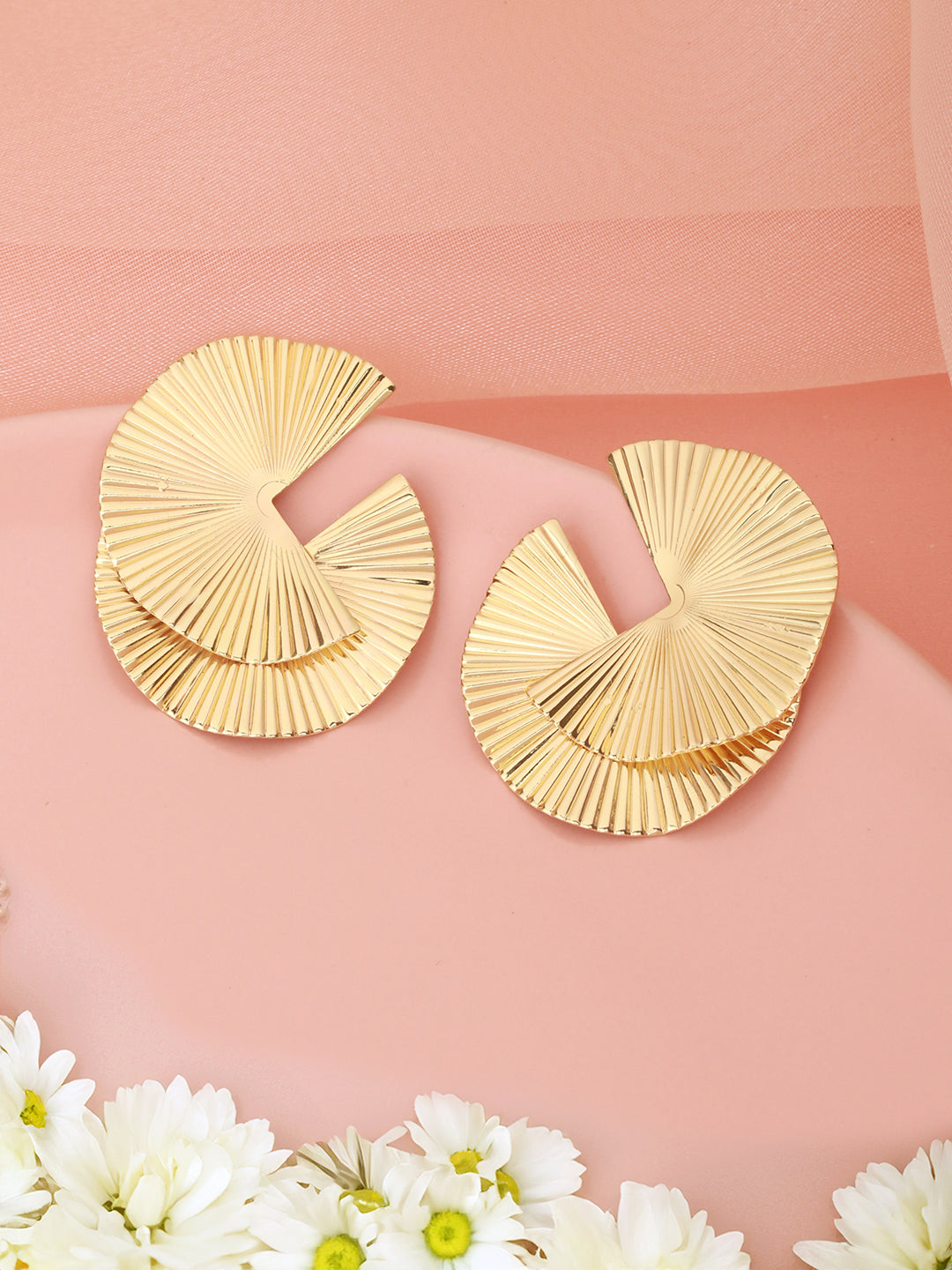 Anti-Tarnish Gold Plated Fan Shaped Disc Studds Earrings