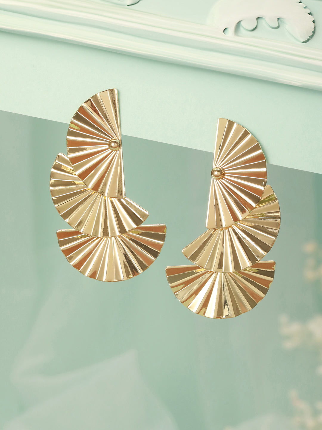 Anti-Tarnish Gold Plated Striped Three Layered Drop Earrings