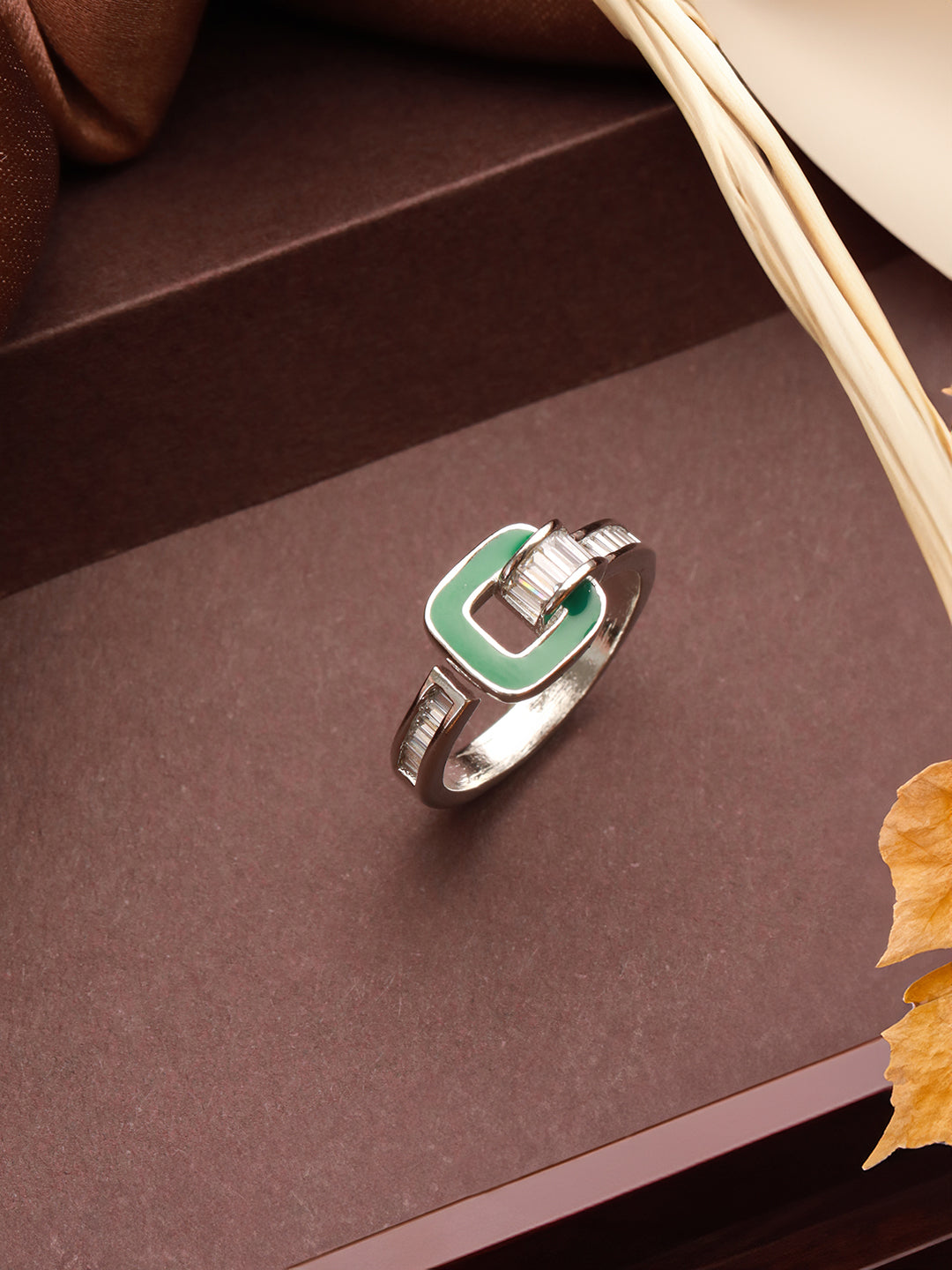 SARAF TRENDZ Anti-tarnish Silver Plated AD Studded Enamelled Finger Ring