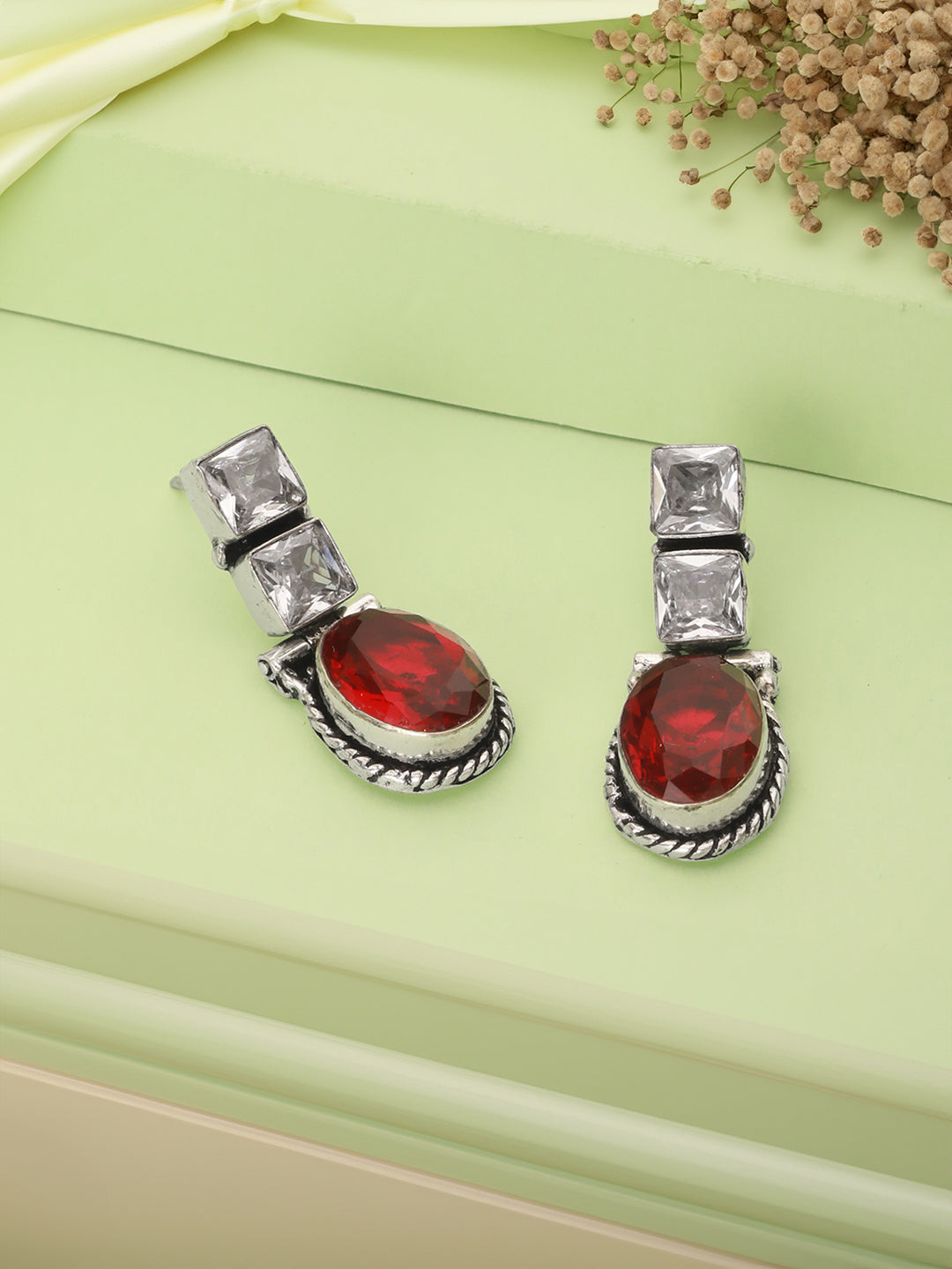 Oxidised Silver Toned Red Stone Studded Minimal Drop Earrings