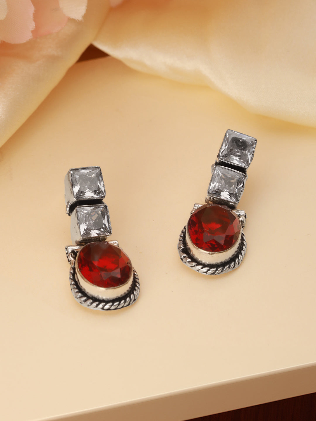Oxidised Silver Toned Red Stone Studded Minimal Drop Earrings