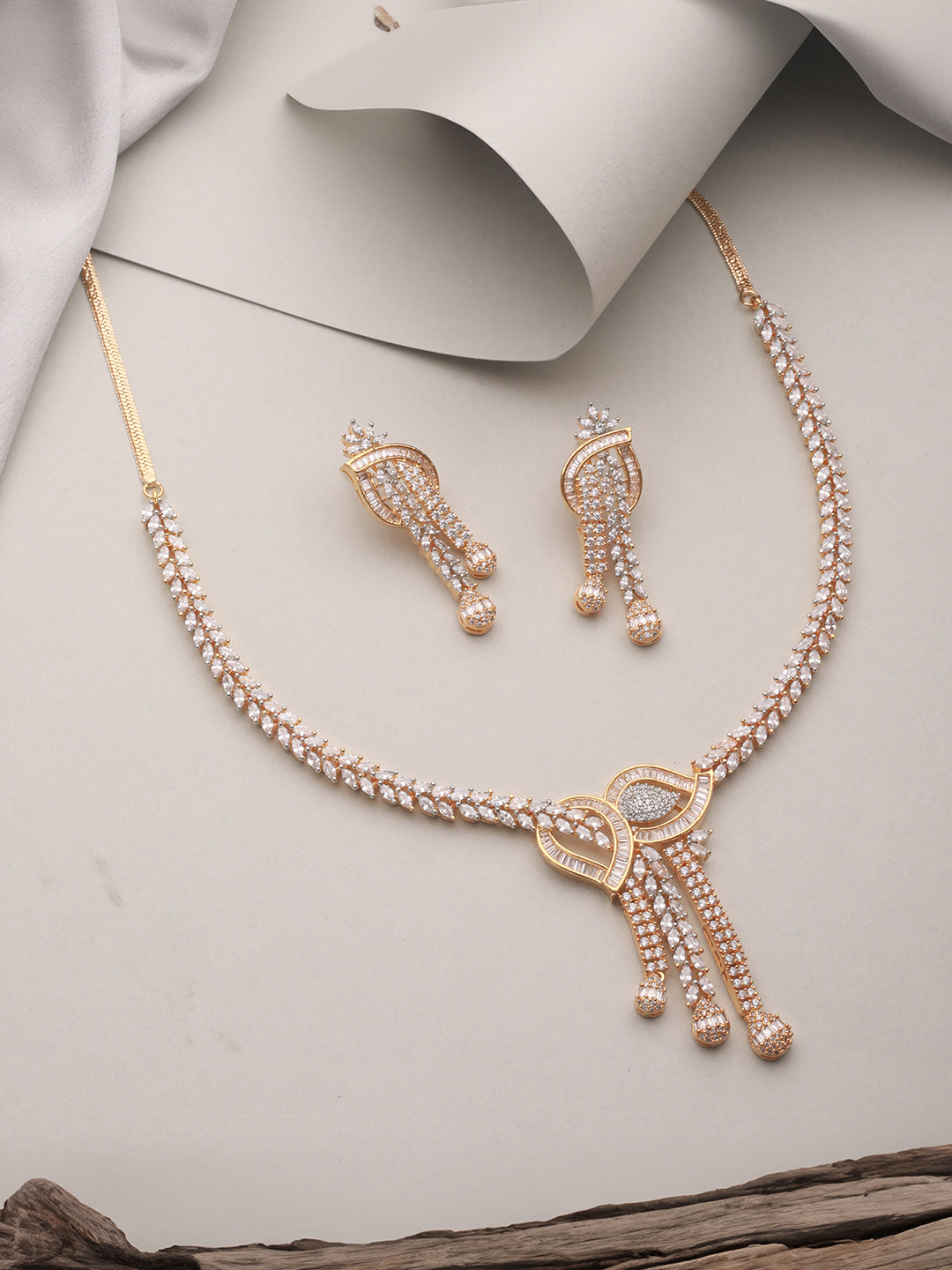 Dual Toned Gold Plated AD Studded Mango Design  Luxe Statement Necklace Jewellery Set