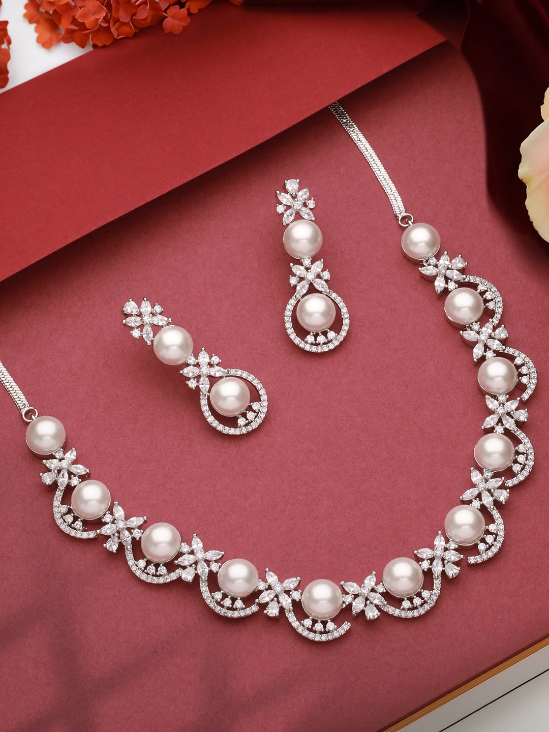 Silver Toned AD & Pearl Beaded Statement Necklace Jewellery Set