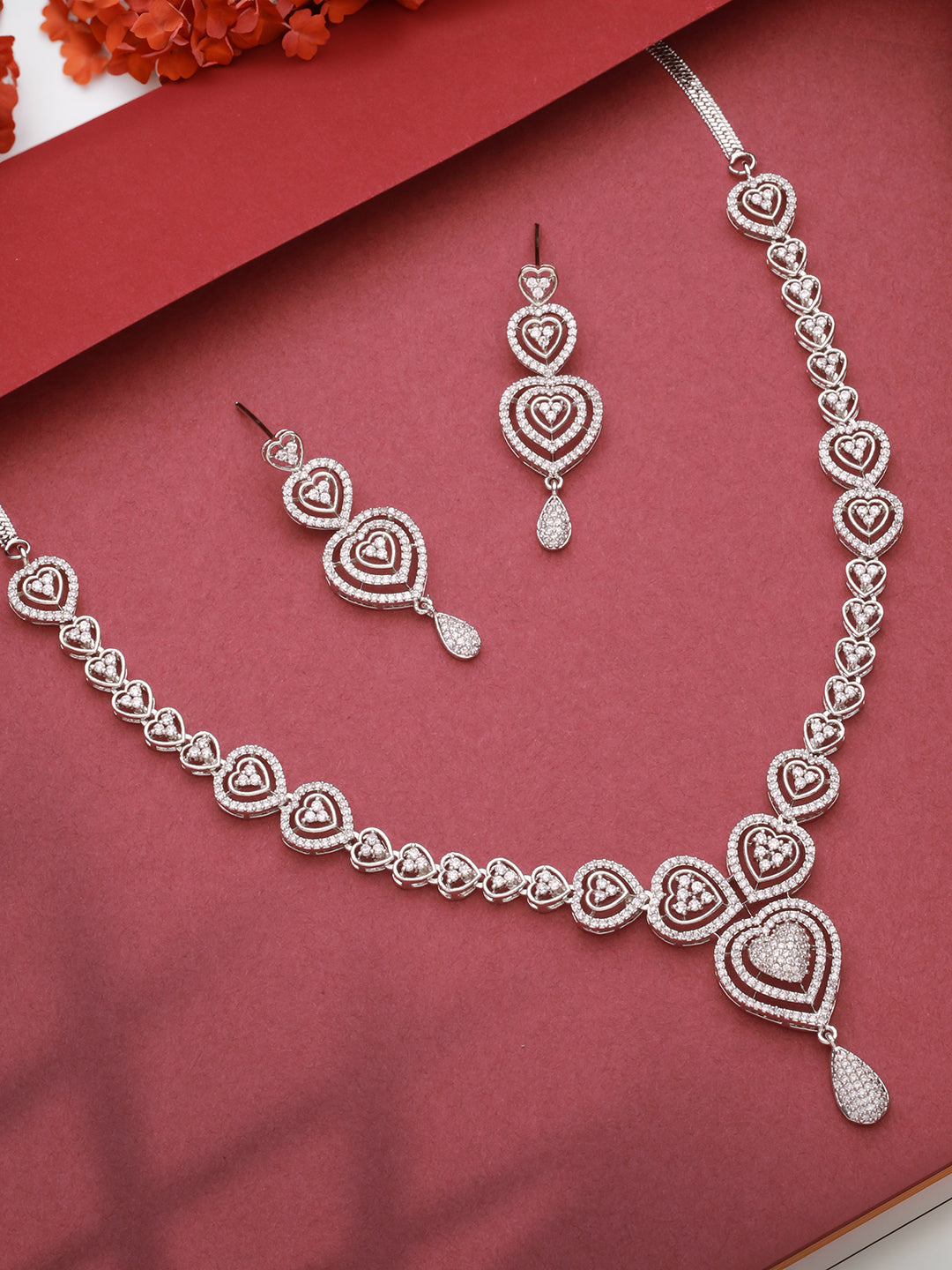 Silver Plated Zircon Studded Heart Shaped Designer Pendant Jewellery Set