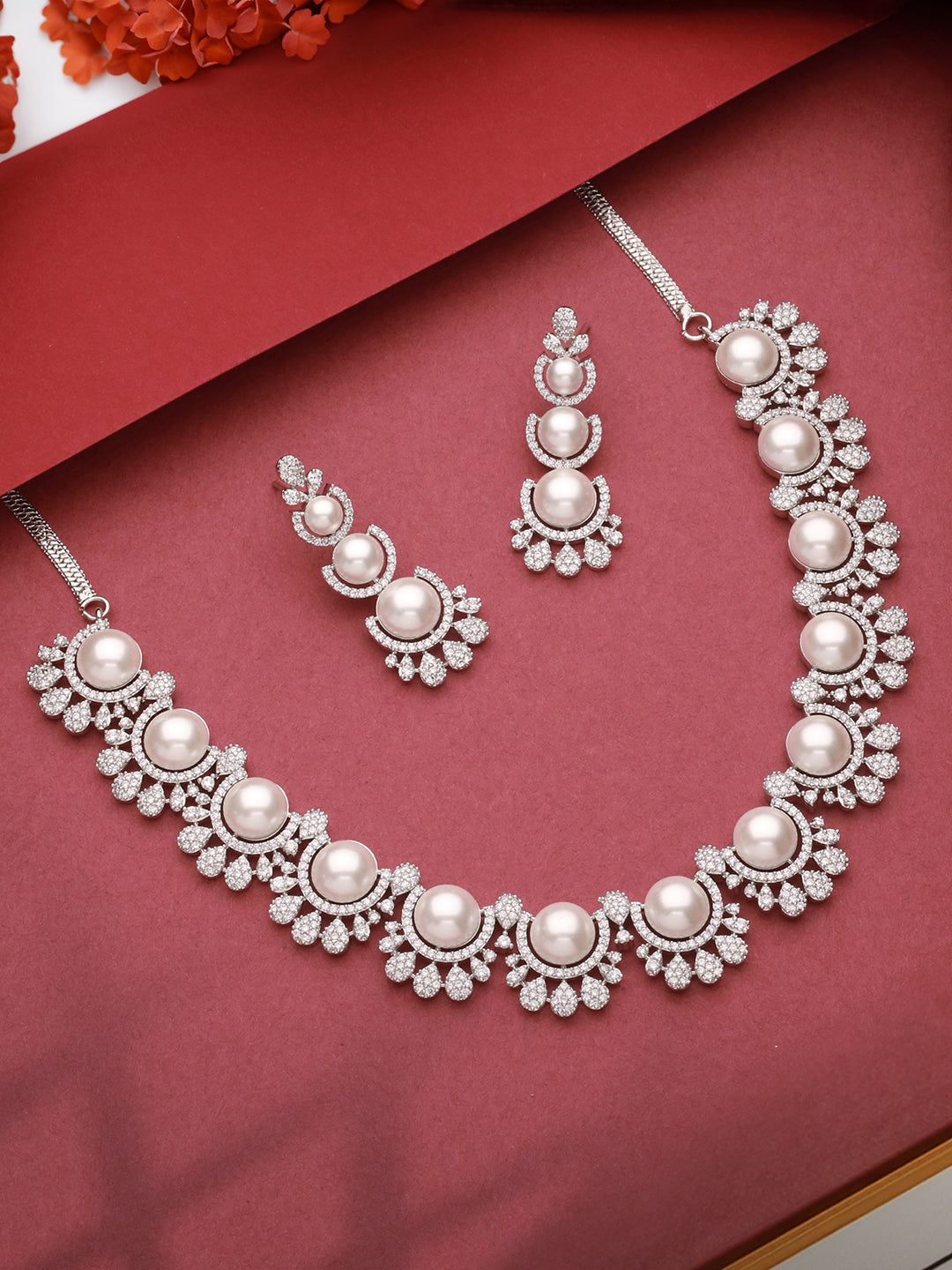 Silver Toned AD & Pearl Studded Floral Statement Necklace Jewellery Set