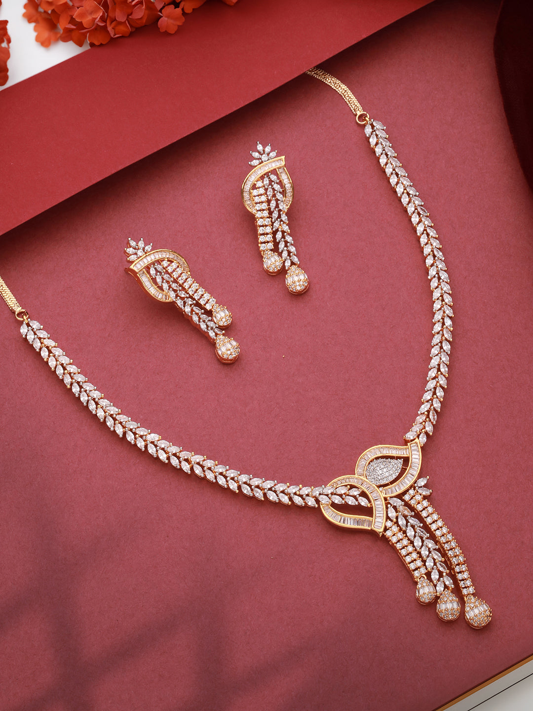 Dual Toned Gold Plated AD Studded Mango Design  Luxe Statement Necklace Jewellery Set