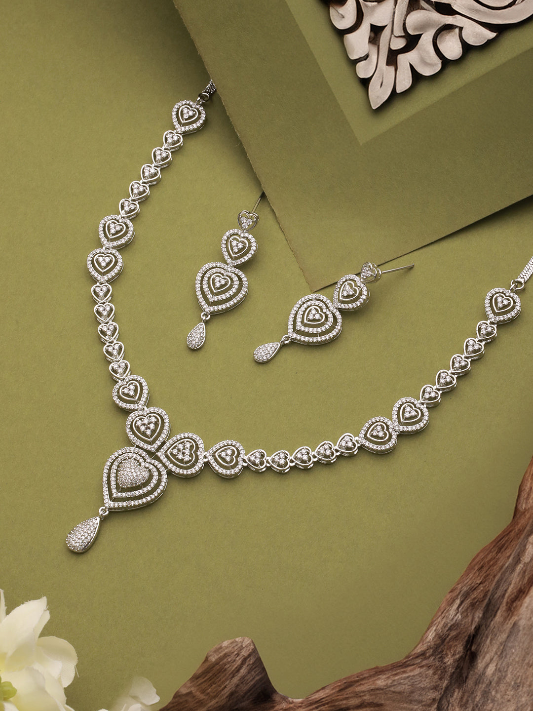 Silver Plated Zircon Studded Heart Shaped Designer Pendant Jewellery Set