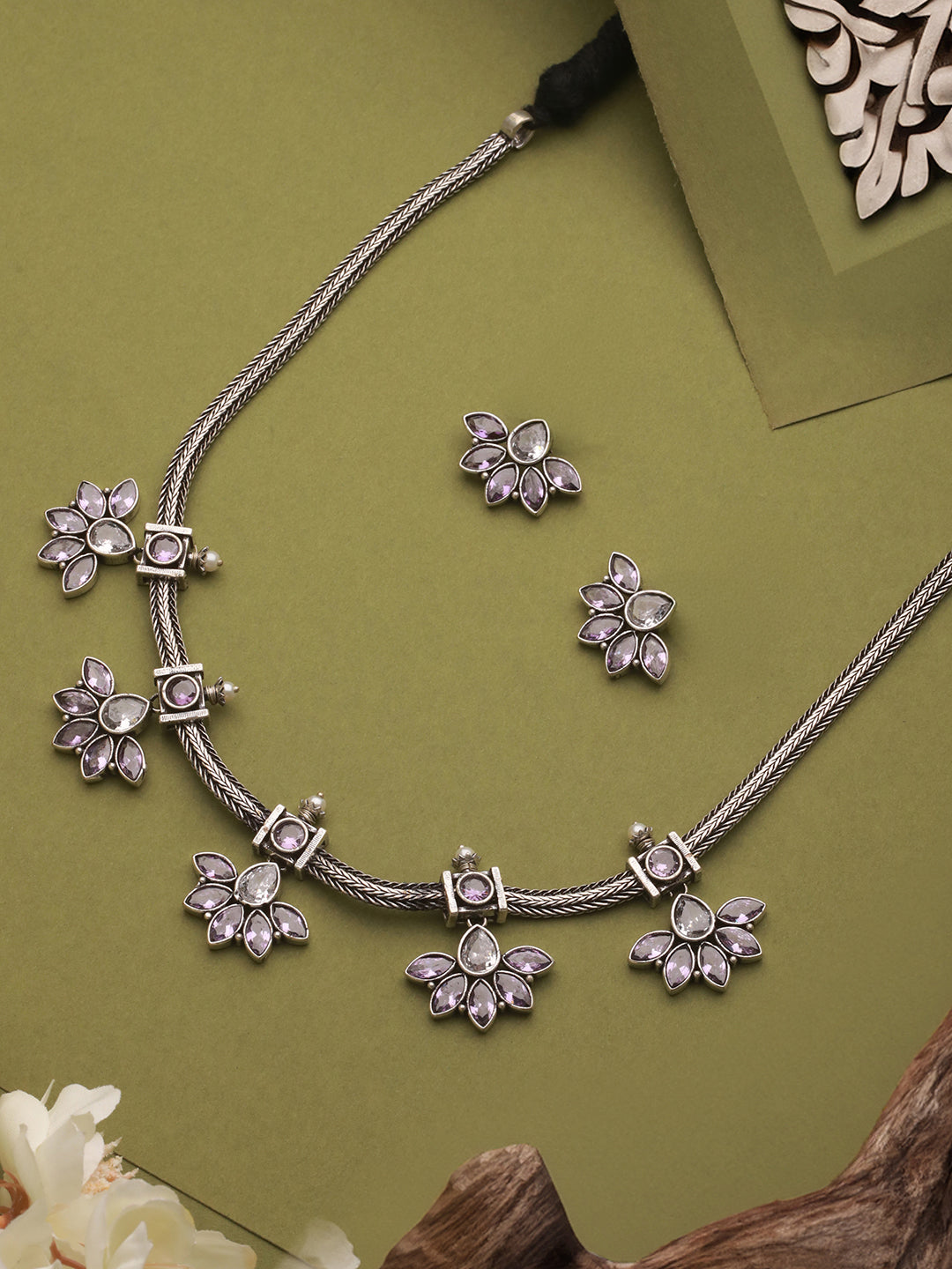 Silver Oxidised Finish Stone Studded Flower Motif Collar Necklace Jewellery Set