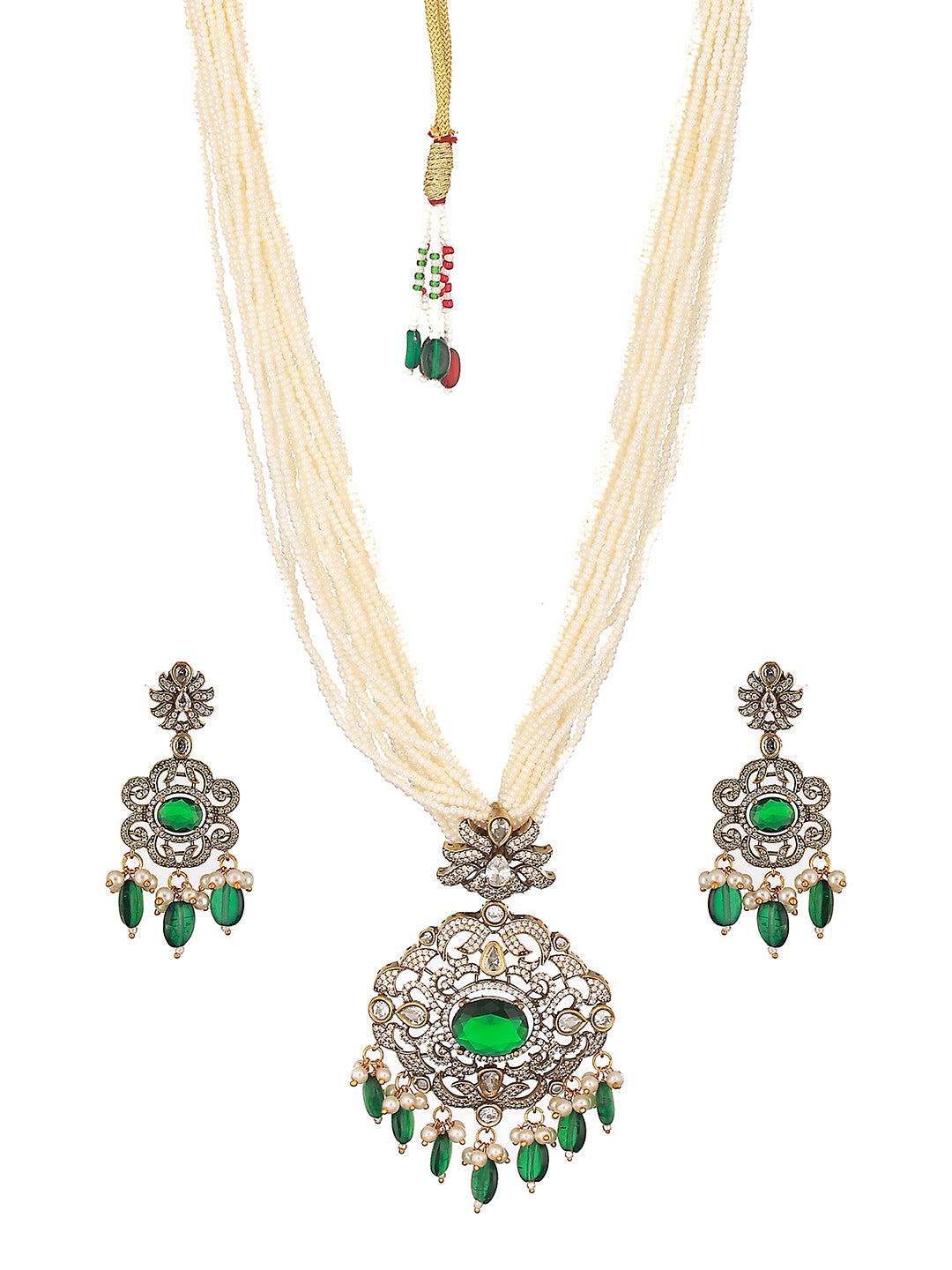 Gold-Plated Green Uncut Polki & Faux Pearl Beaded Long Jewellery Set