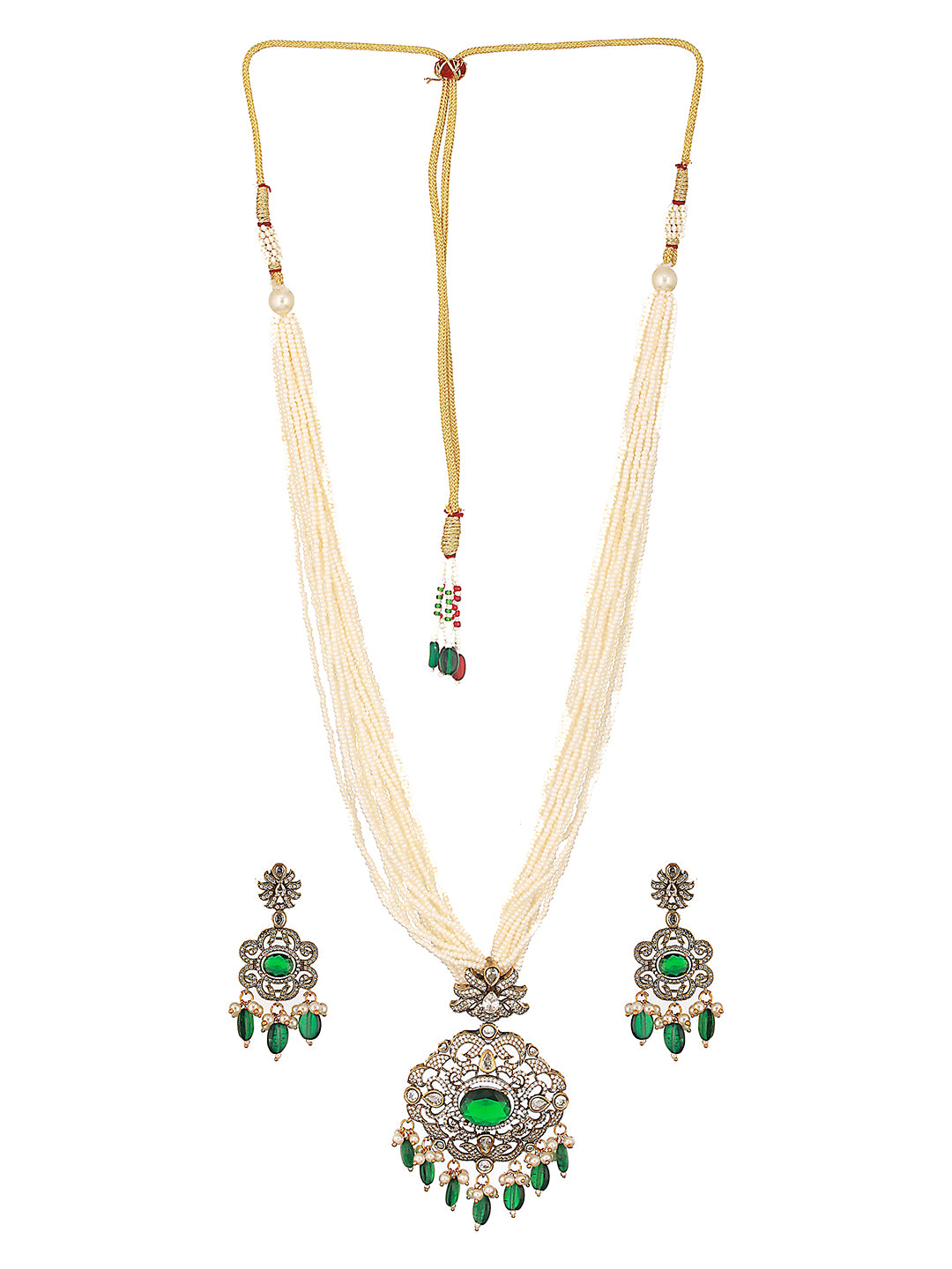 Gold-Plated Green Uncut Polki & Faux Pearl Beaded Long Jewellery Set