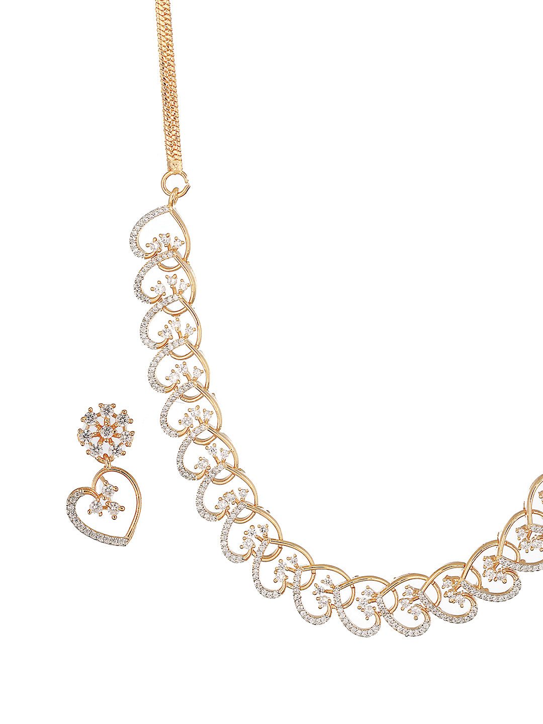 18k Gold Toned AD Studded Floral Heart Shaped Minimal Necklace Jewellery Set