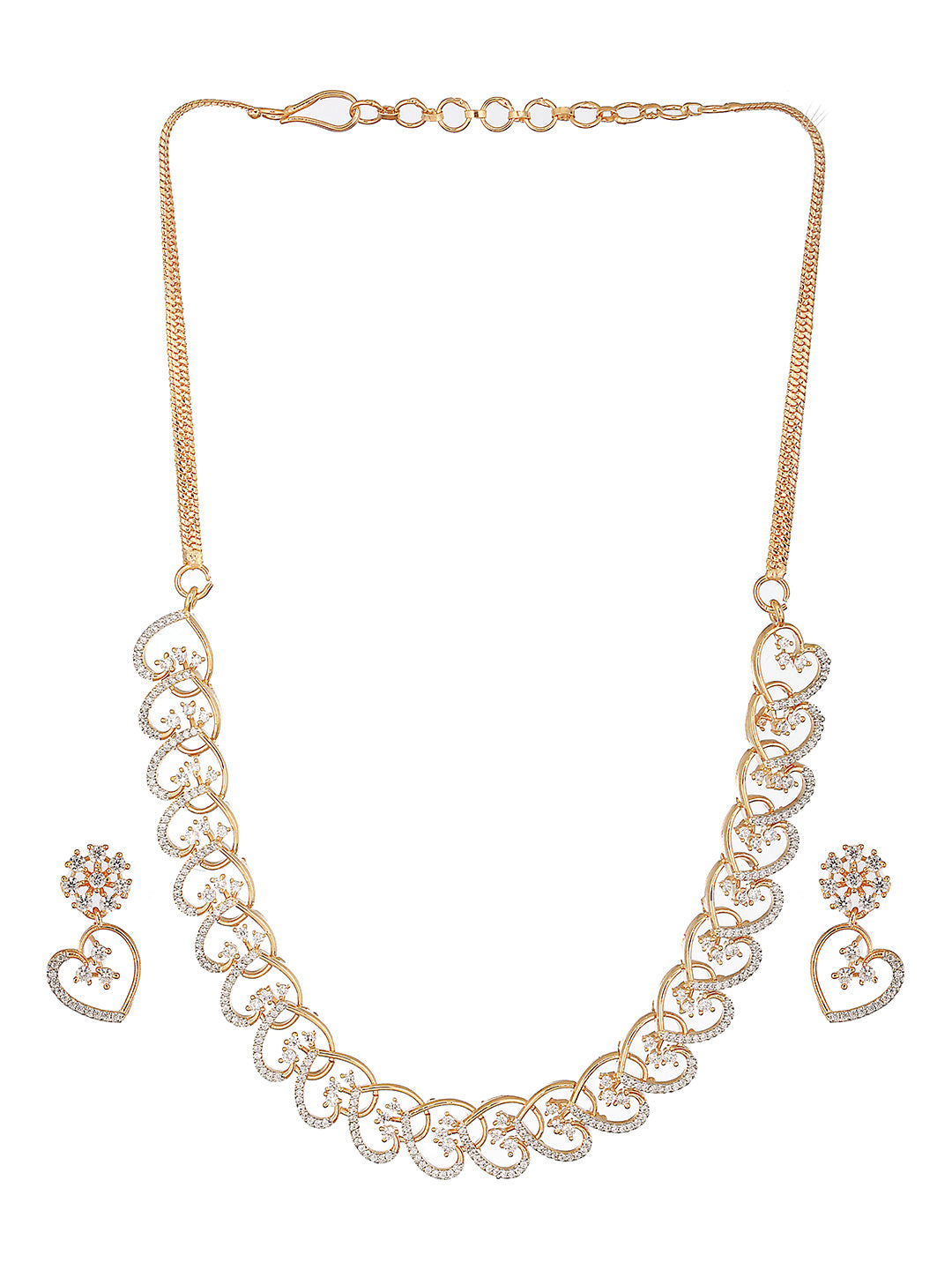 18k Gold Toned AD Studded Floral Heart Shaped Minimal Necklace Jewellery Set