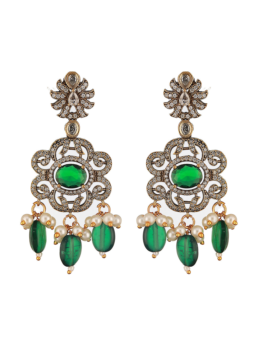 Gold-Plated Green Uncut Polki & Faux Pearl Beaded Long Jewellery Set
