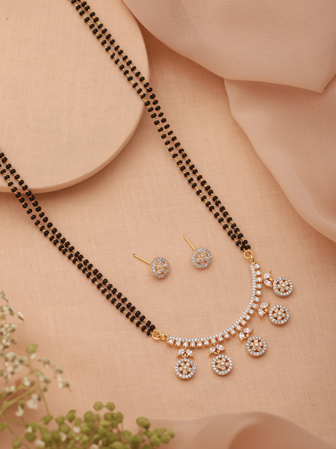 Dual Toned Black Beads CZ Studded Designer Contemporary Mangalsutra Jewellery Set