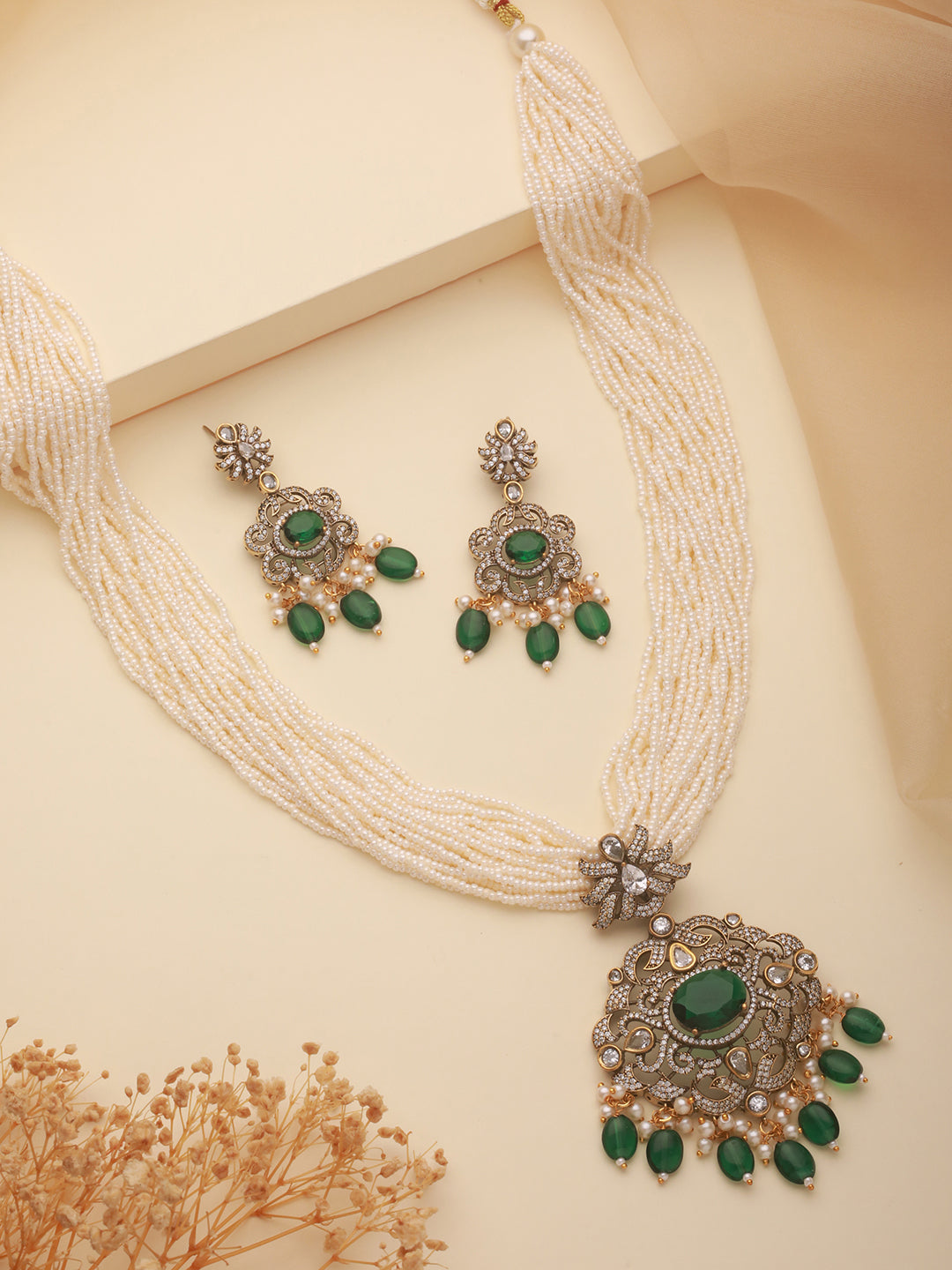Gold-Plated Green Uncut Polki & Faux Pearl Beaded Long Jewellery Set