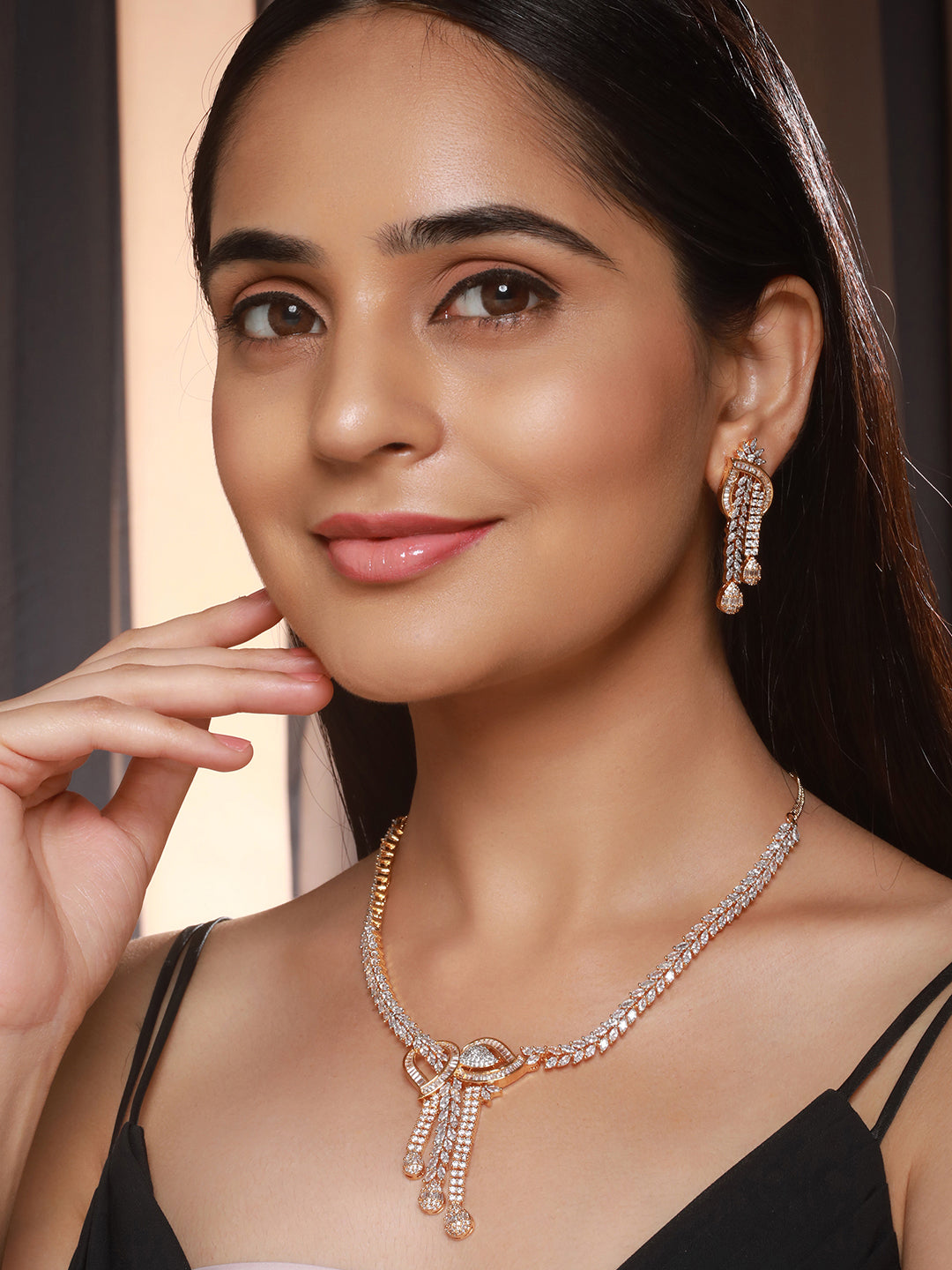 Dual Toned Gold Plated AD Studded Mango Design  Luxe Statement Necklace Jewellery Set