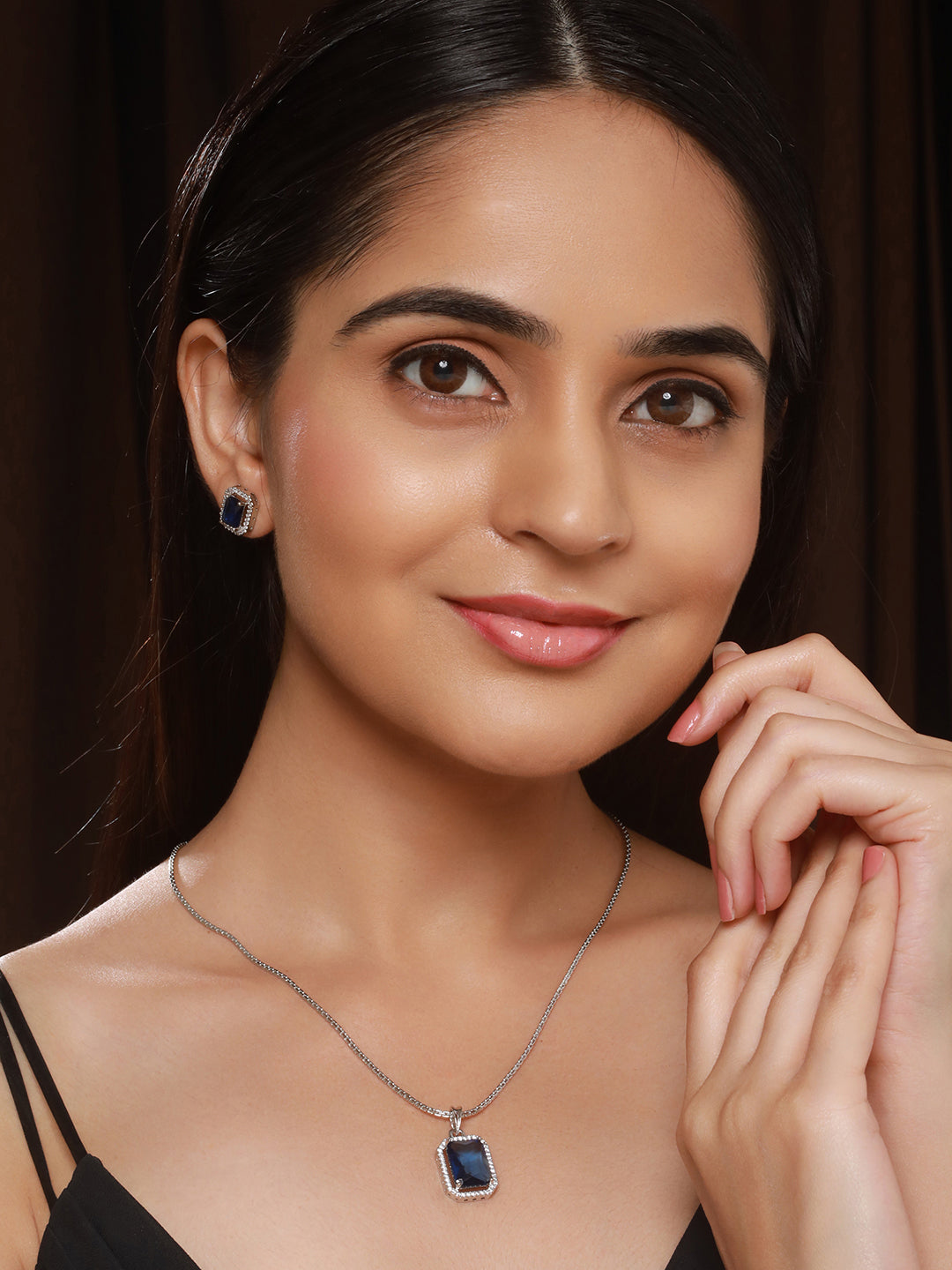 Silver Toned Blue AD Studded Rectangular Minimal Locket Jewellery Set