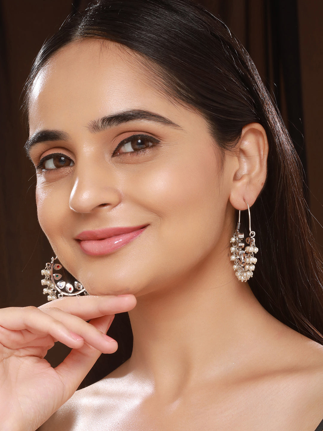 Silver Oxidised Red & Green   Stone & Pearl Beaded Handcrafted  Chandbali Dangler Earrings.