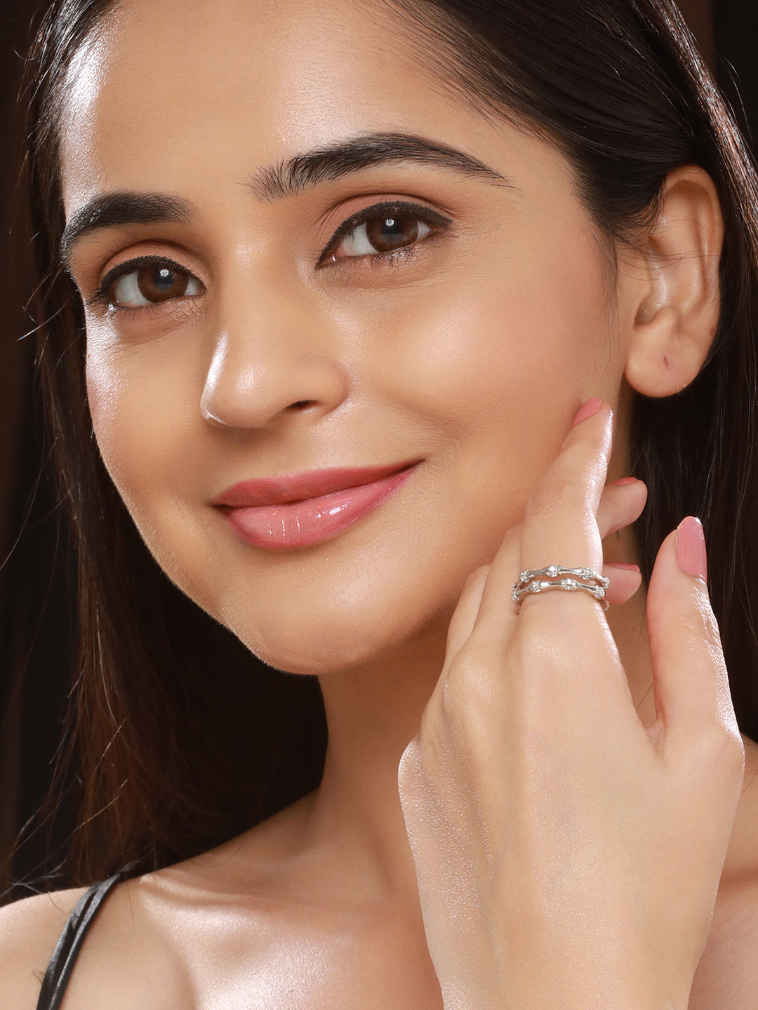 SARAF TRENDZ Anti-tarnish Silver-Plated CZ Stones-Studded Minimal Band Finger Ring