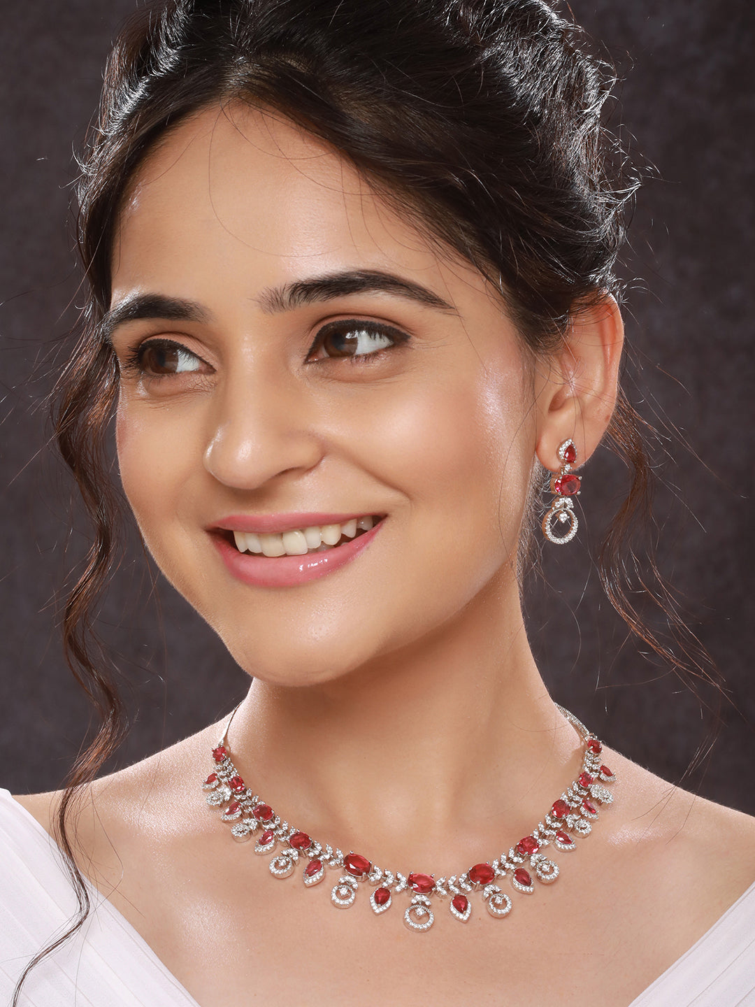 White Rhodium Red Ruby Studded Leaf Design Statement Jewellery Set