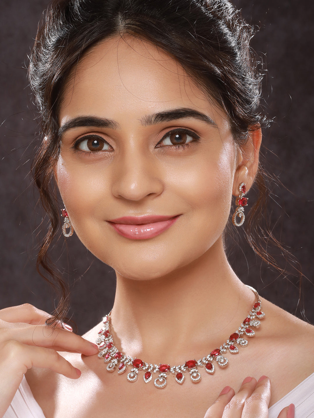 White Rhodium Red Ruby Studded Leaf Design Statement Jewellery Set