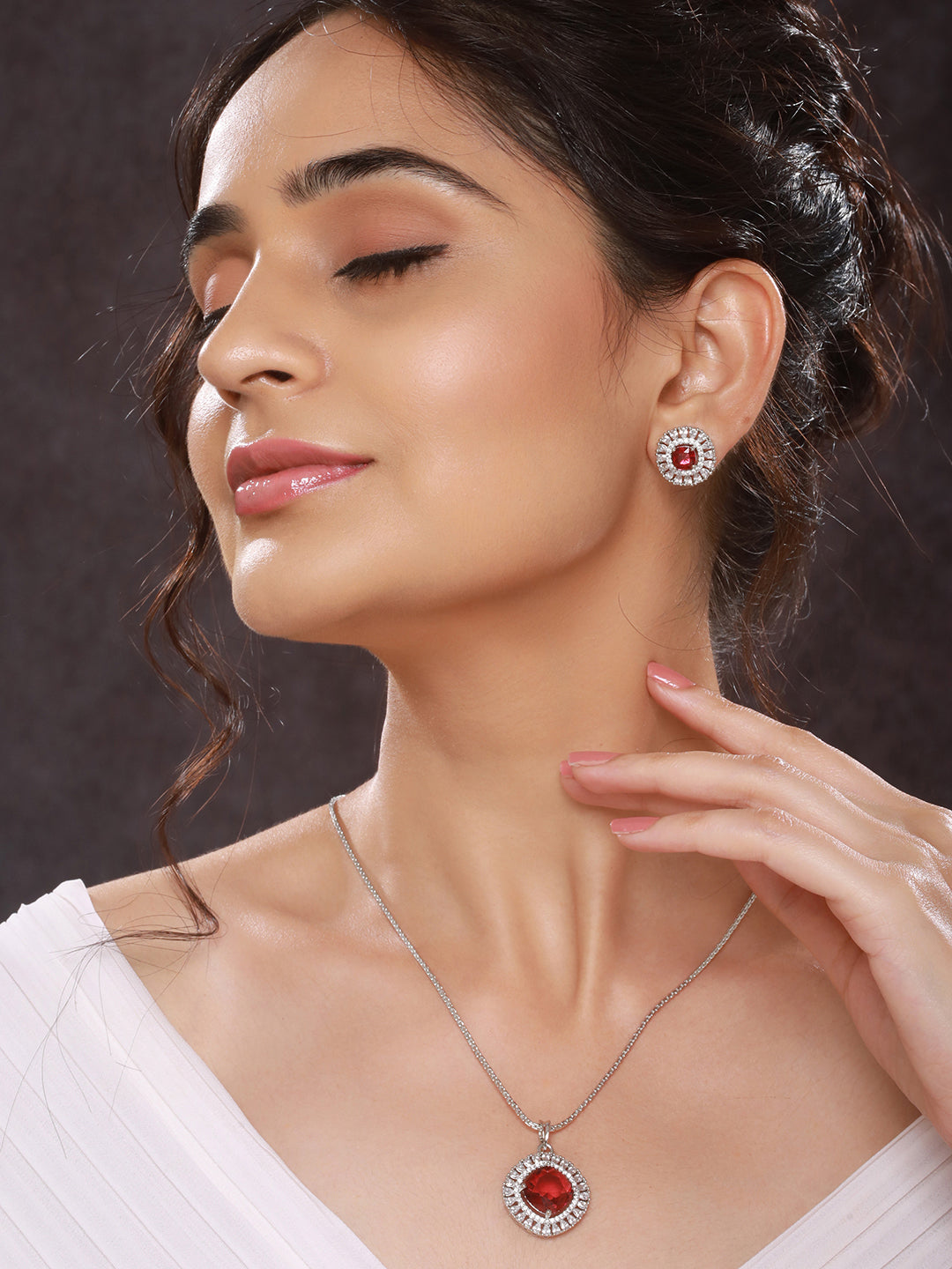 Silver Toned Ruby Red AD Studded Square Minimal Locket Jewellery Set