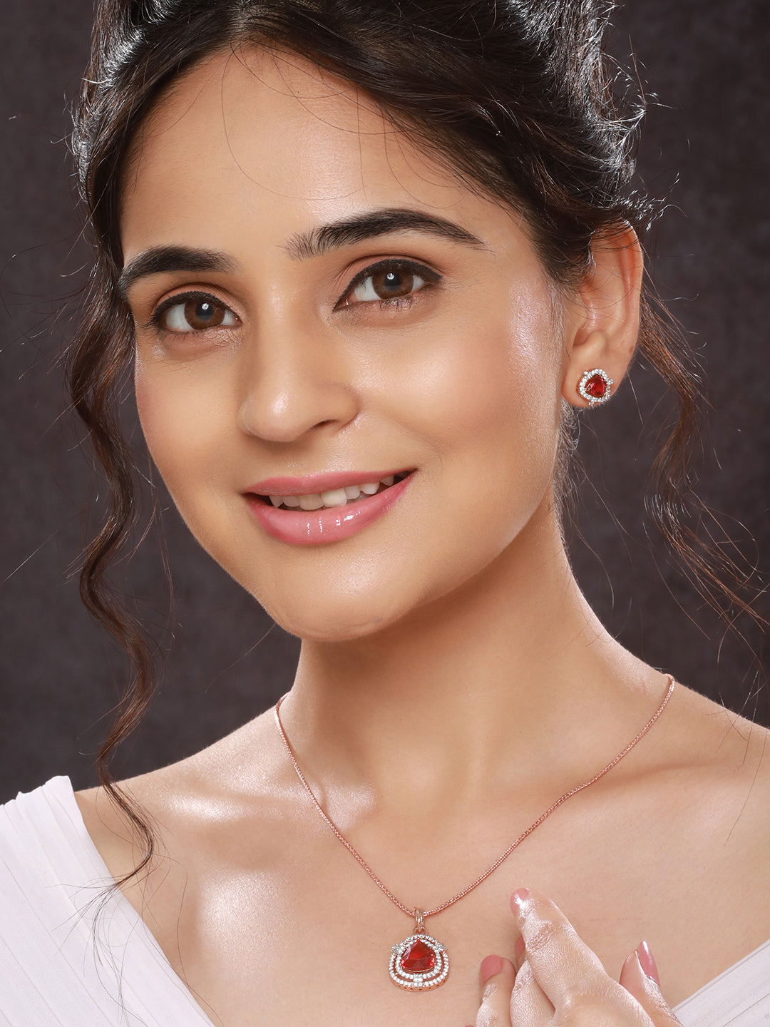 Rose Gold Plated Ruby Red  AD Studded Triangular  Pendant Jewellery Set