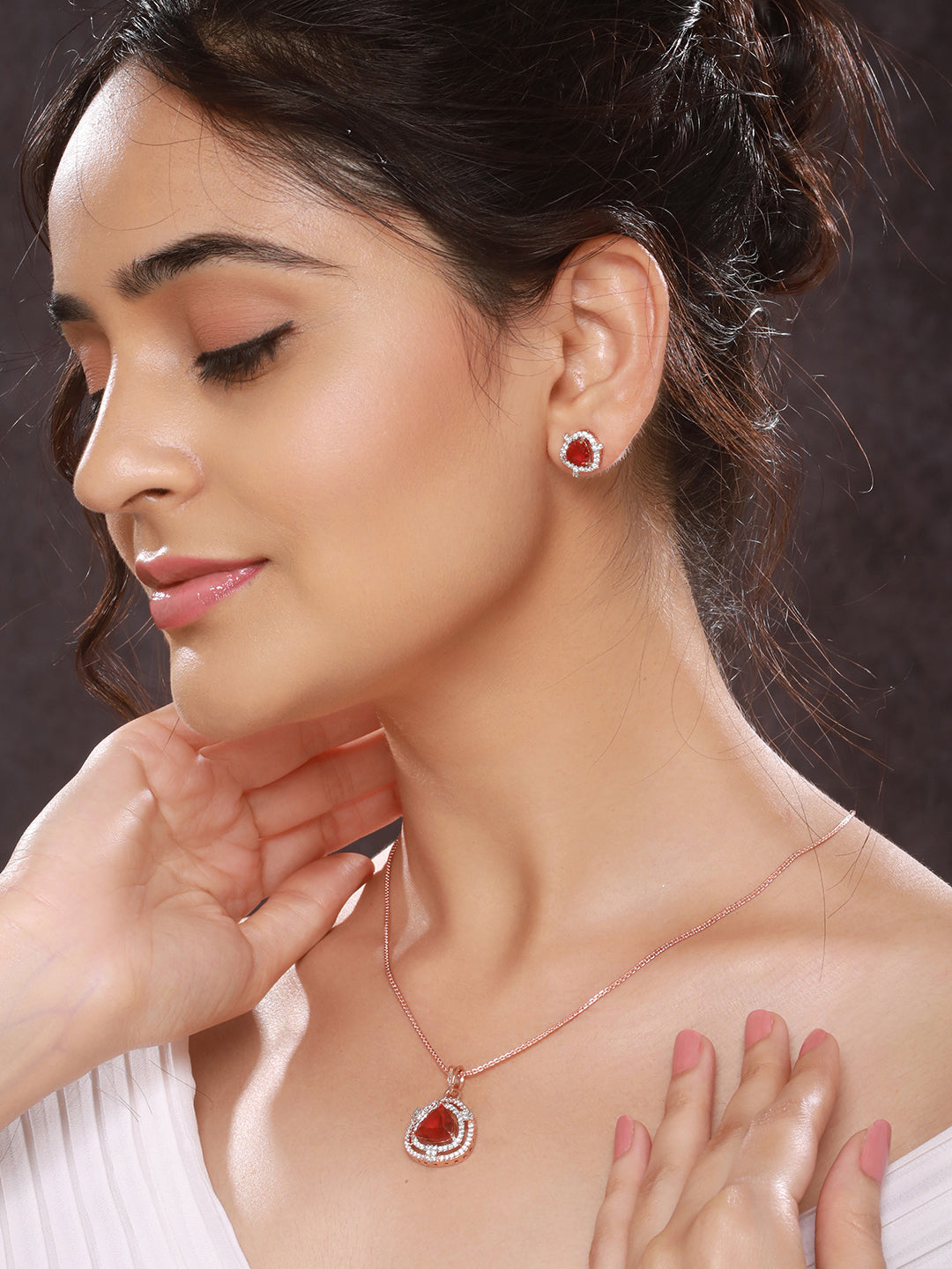 Rose Gold Plated Ruby Red  AD Studded Triangular  Pendant Jewellery Set