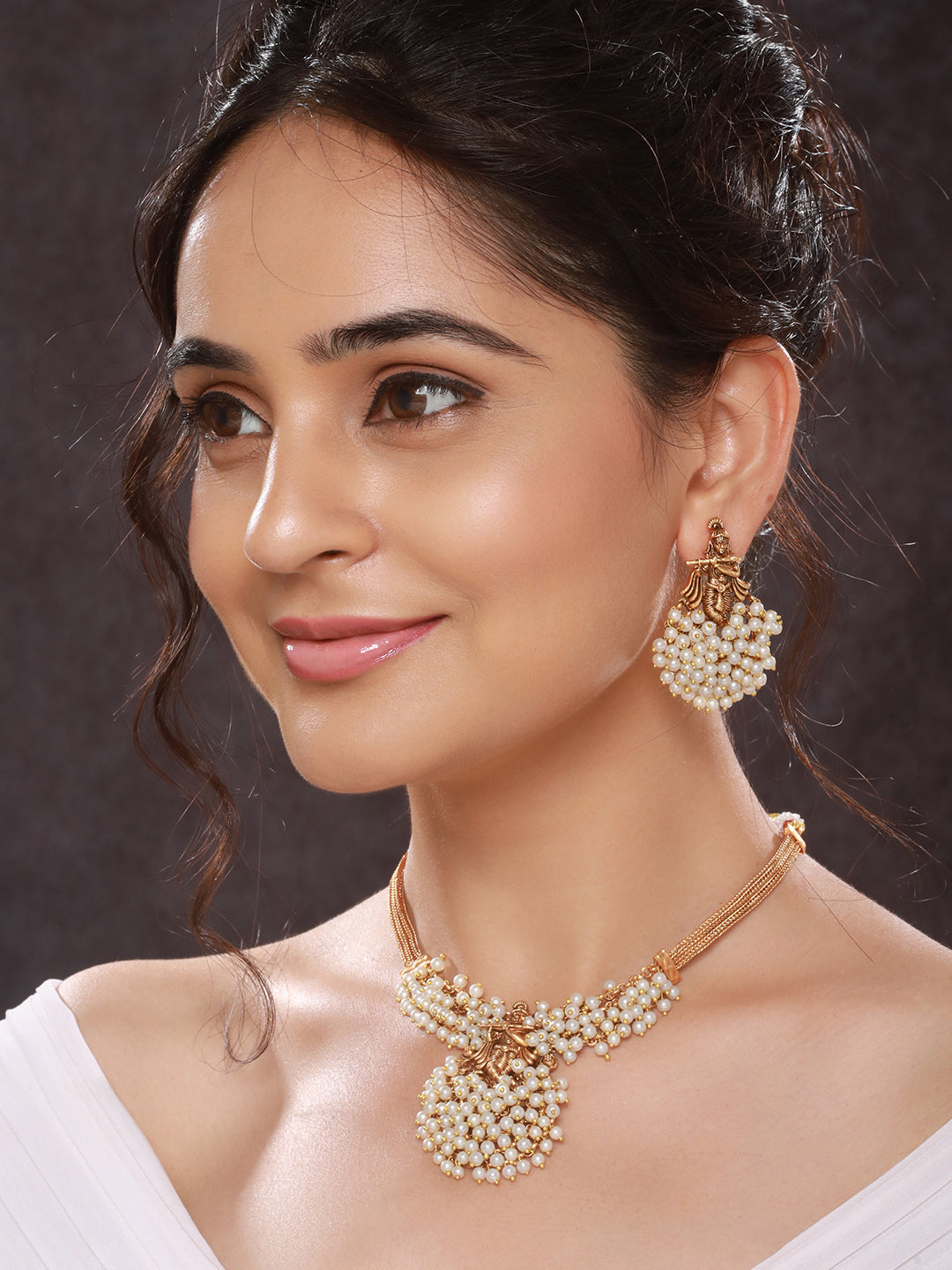 Gold Plated Pearl Beaded Shri Krishna Motif Designer Jewellery Set